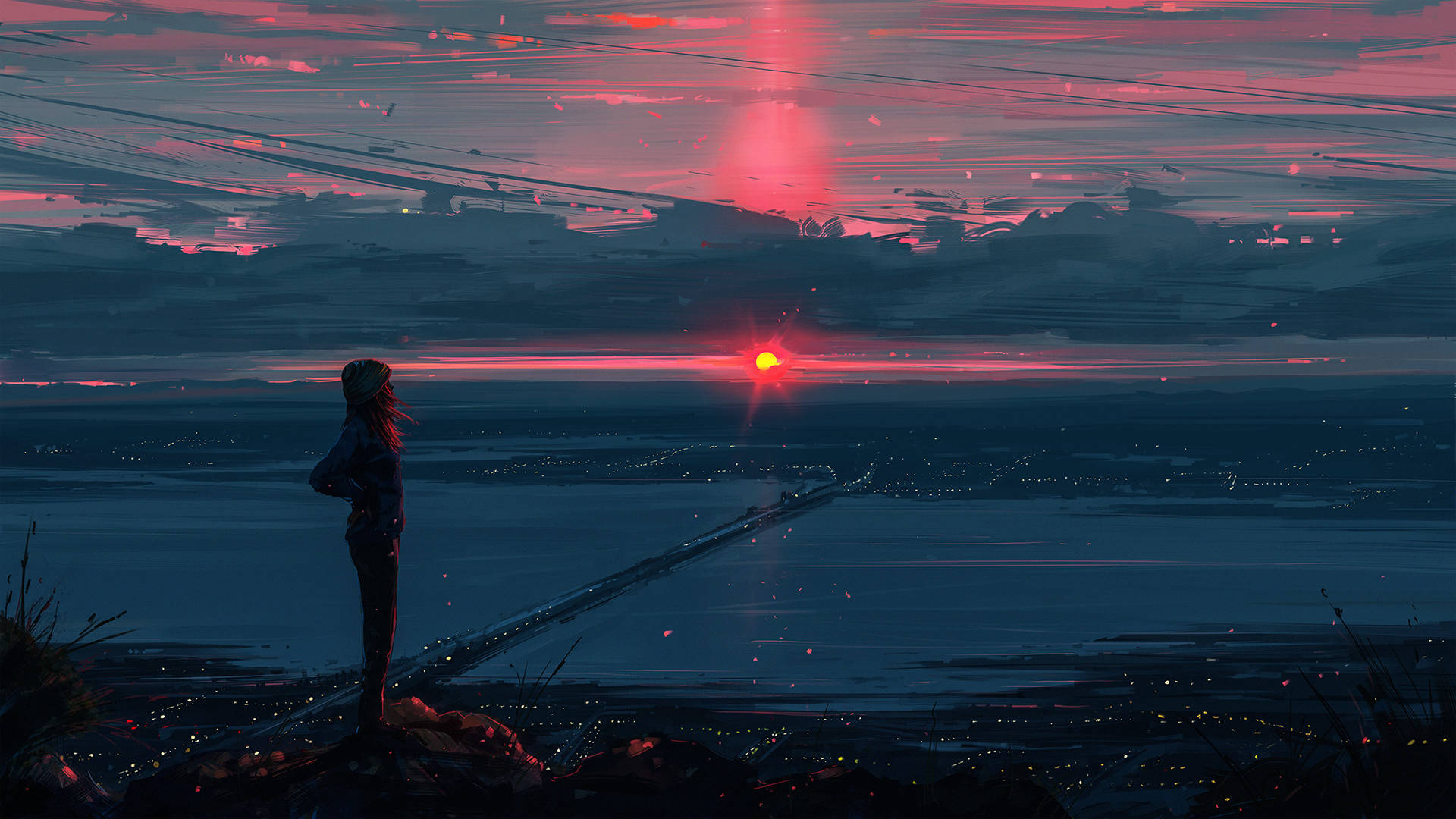 Girl Overlooking Bay Anime Aesthetic Sunset Background