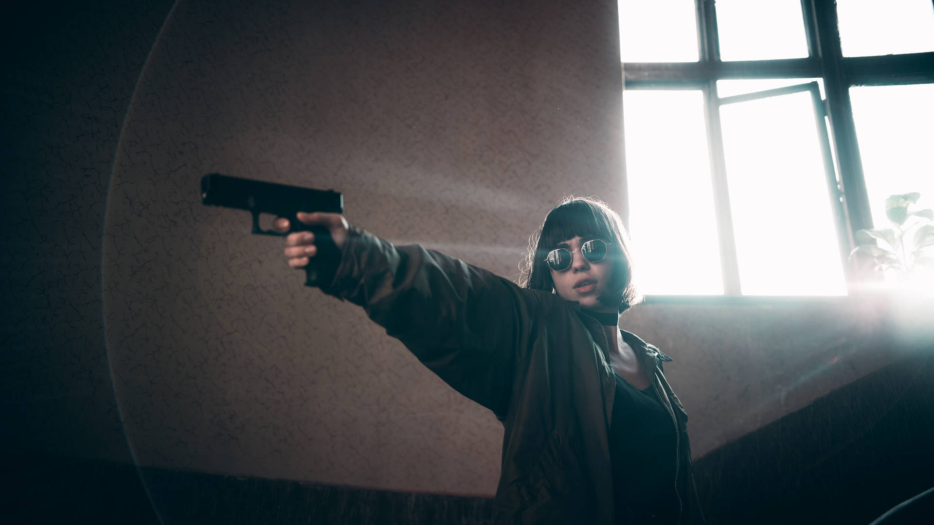 Girl Pointing A Gun Background