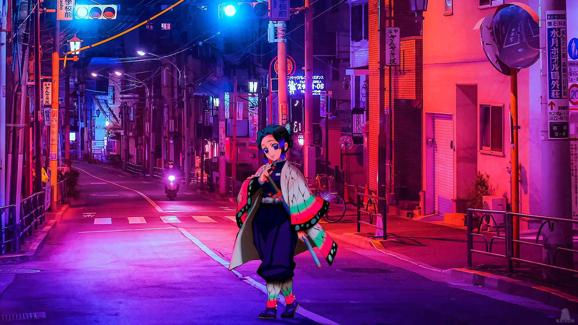 Girl Posing In Anime Night City Background