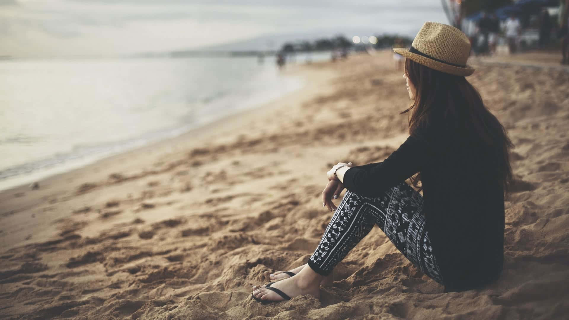 Girl Profile On The Beach Shore Background