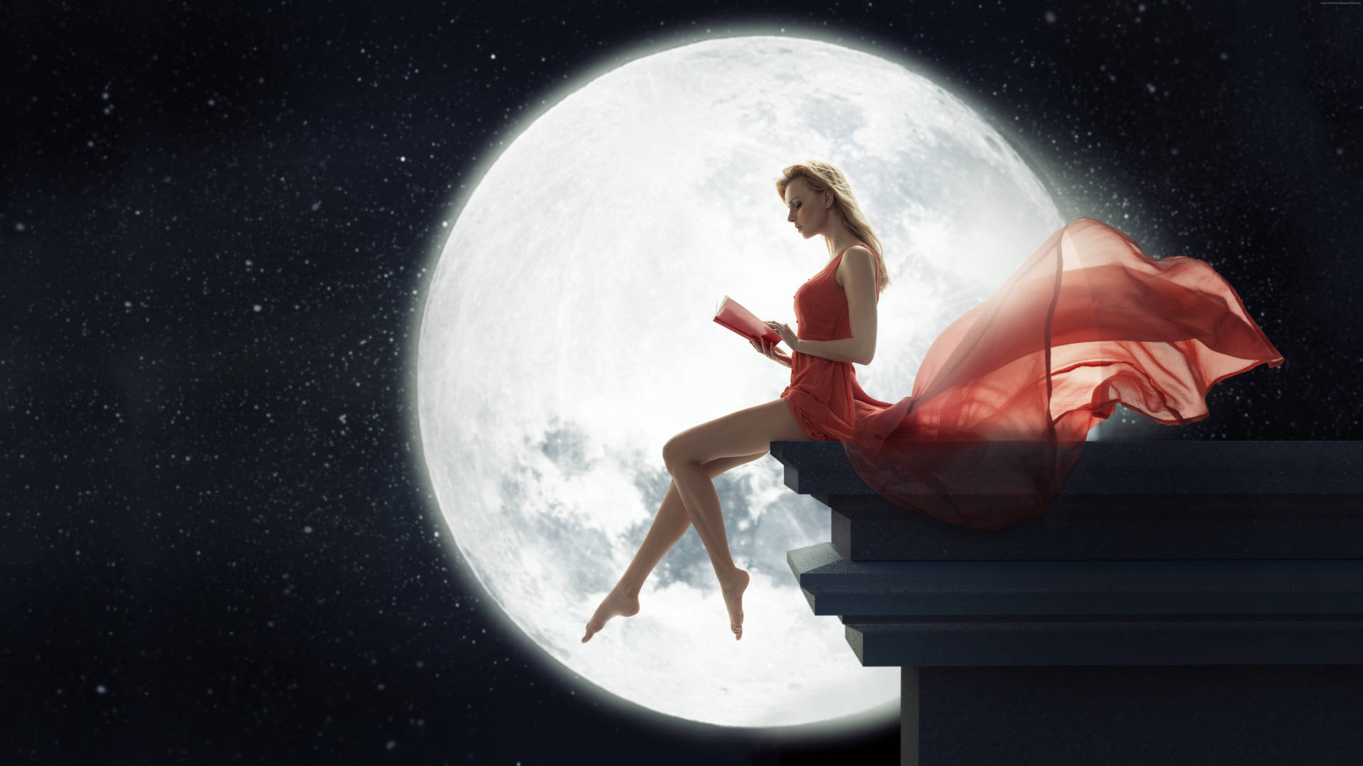 Girl Reading Book In Full Moon Background