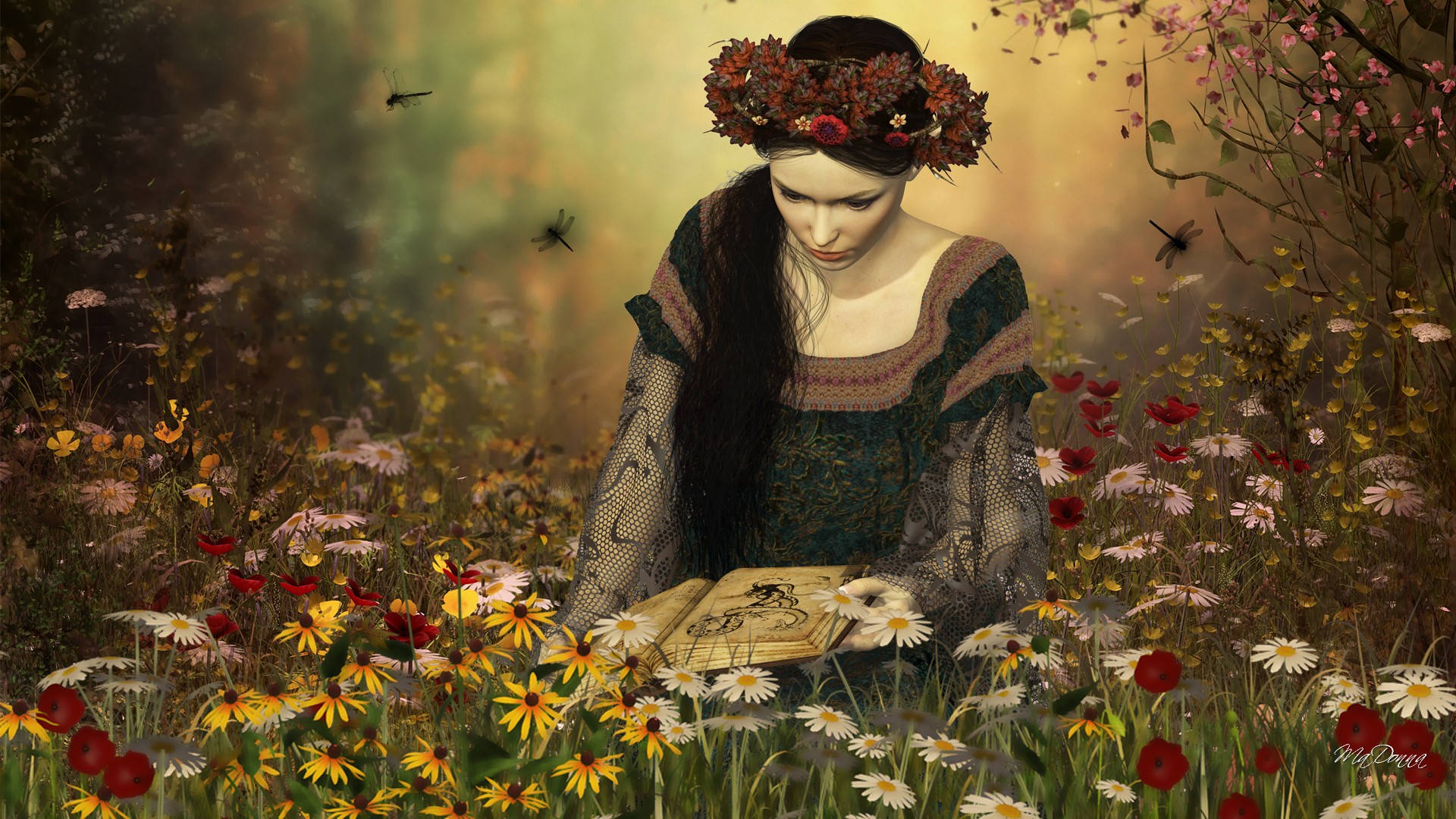 Girl Reading Book In Garden Background