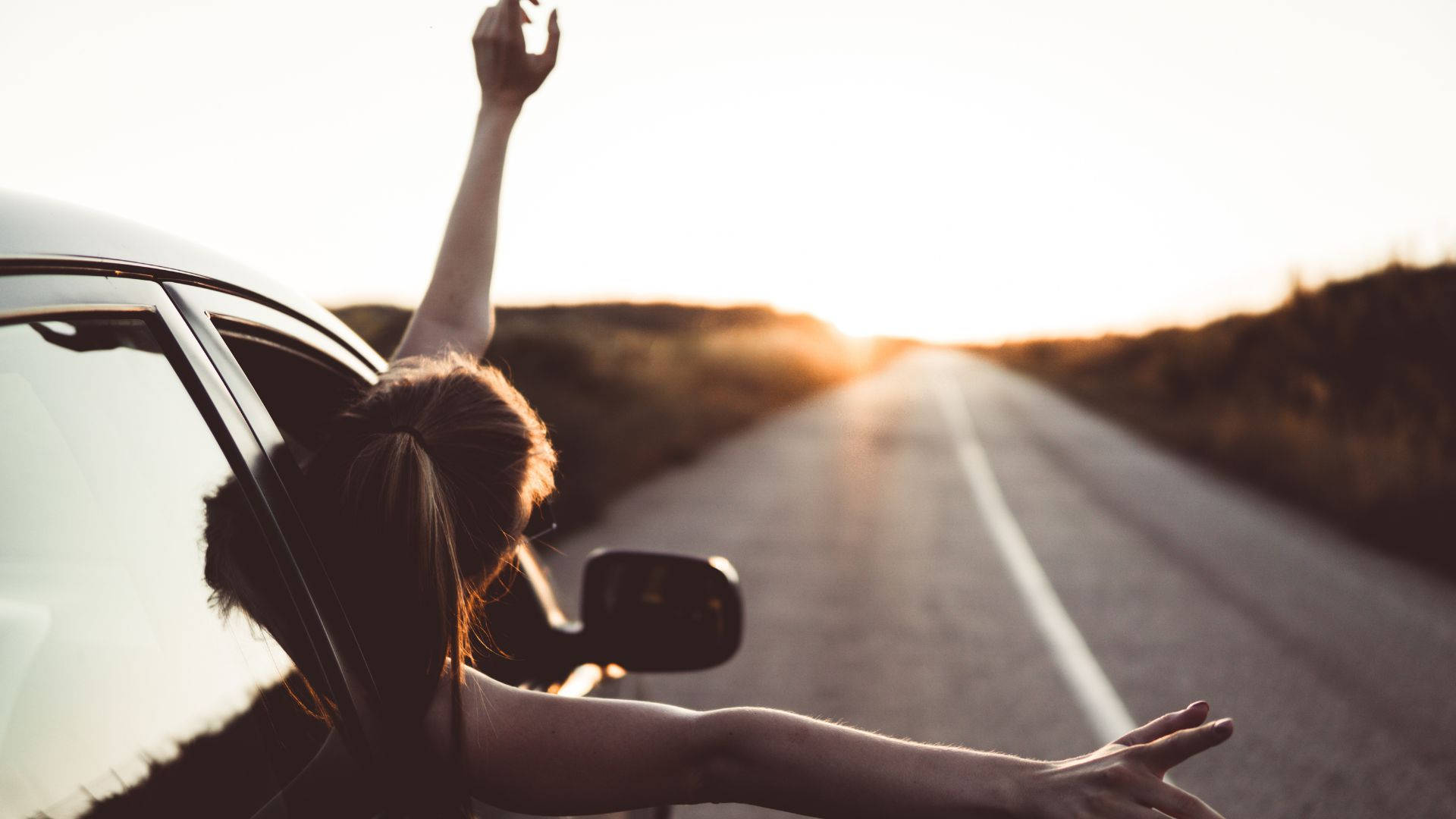 Girl Roadtrip Journey Sunset View Background