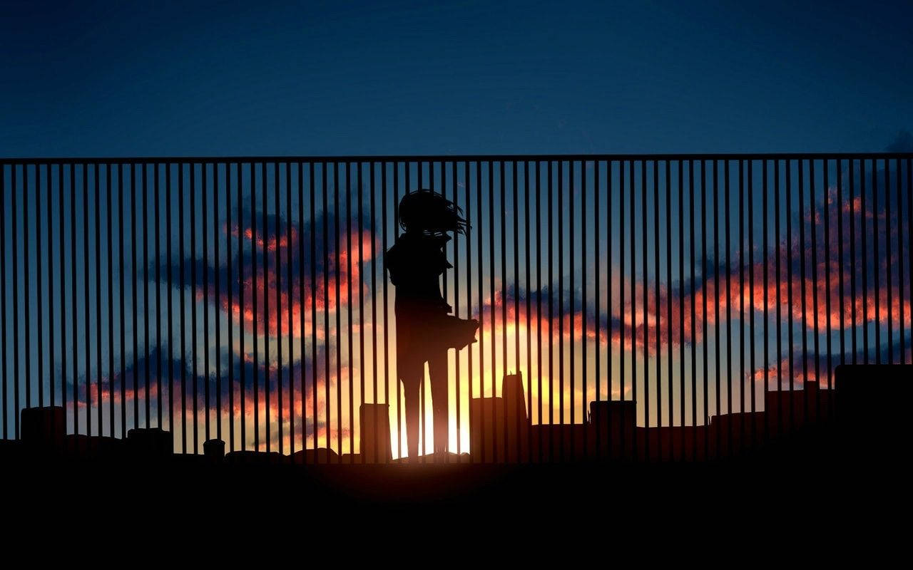 Girl Roof Fence Anime Aesthetic Sunset Background