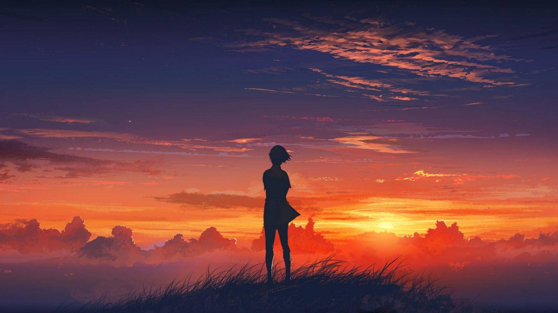 Girl Silhouette Anime Aesthetic Sunset Background