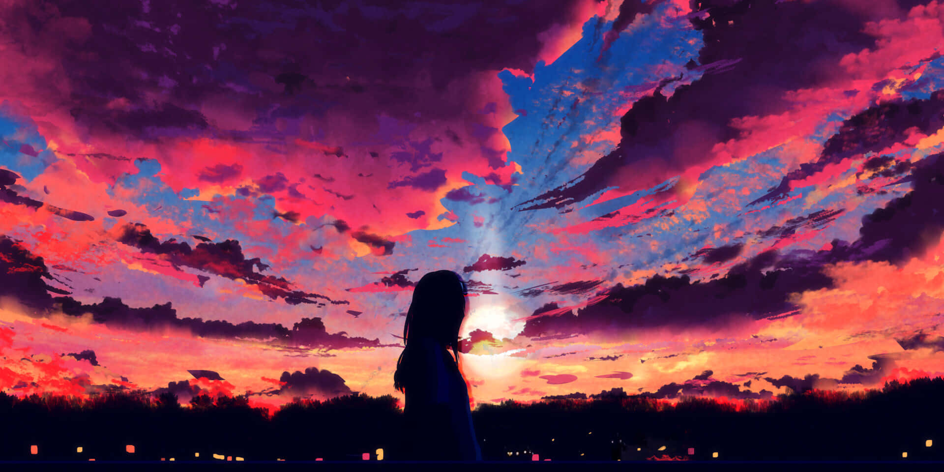 Girl Silhouette In Anime Sunset Sky Background