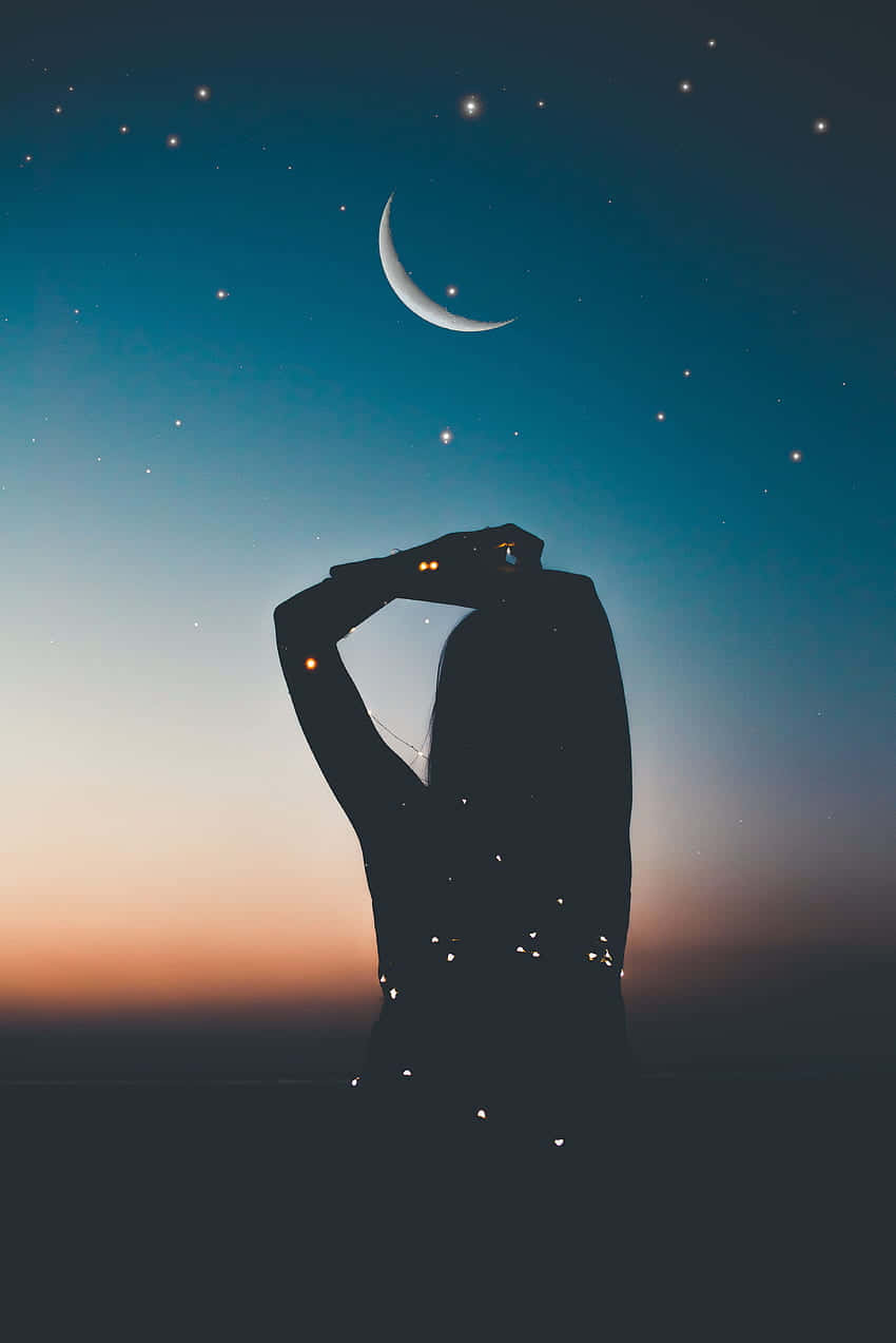 Girl Silhouette Night Sky Moon Background