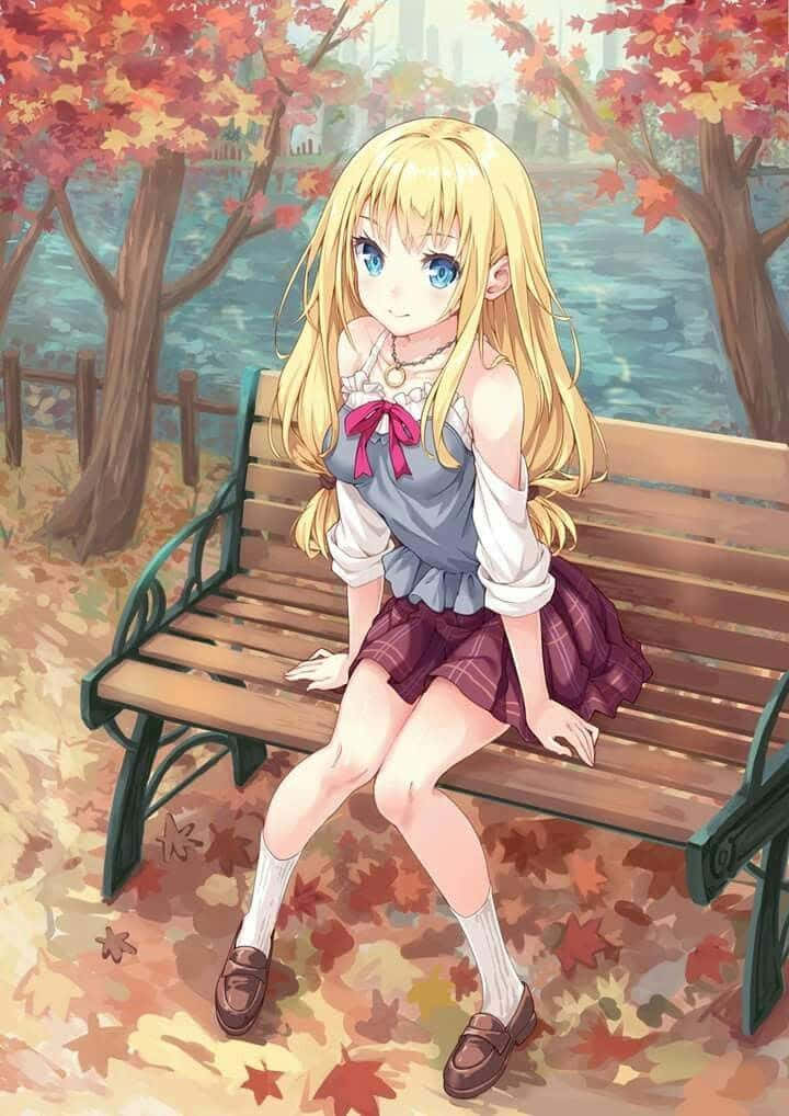 Girl Sitting On A Bench Fall Anime Background