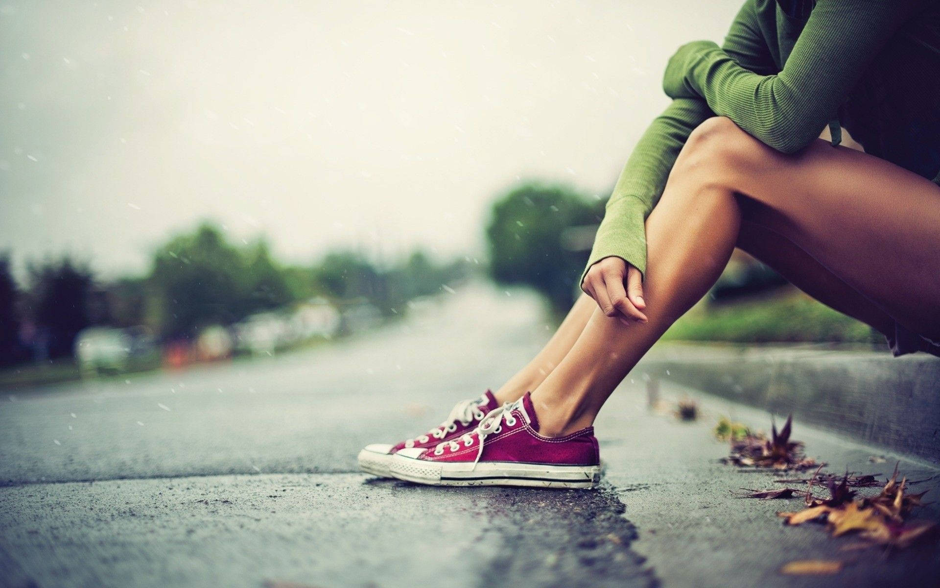 Girl Sitting On Sidewalk Photography Background