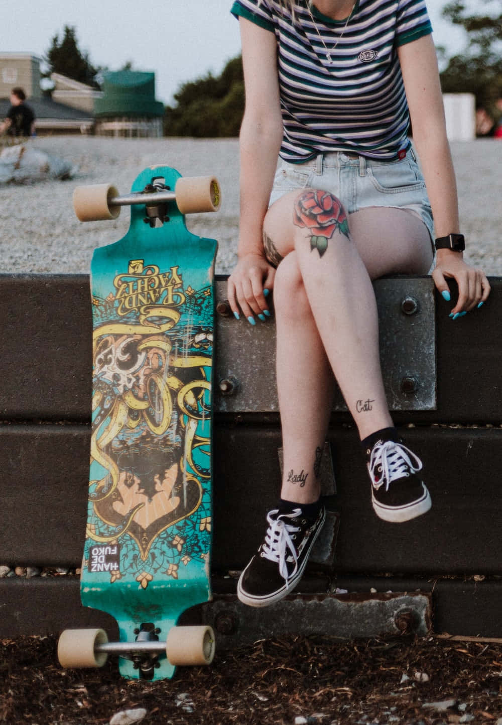 Girl Sitting Retro Skateboard Background