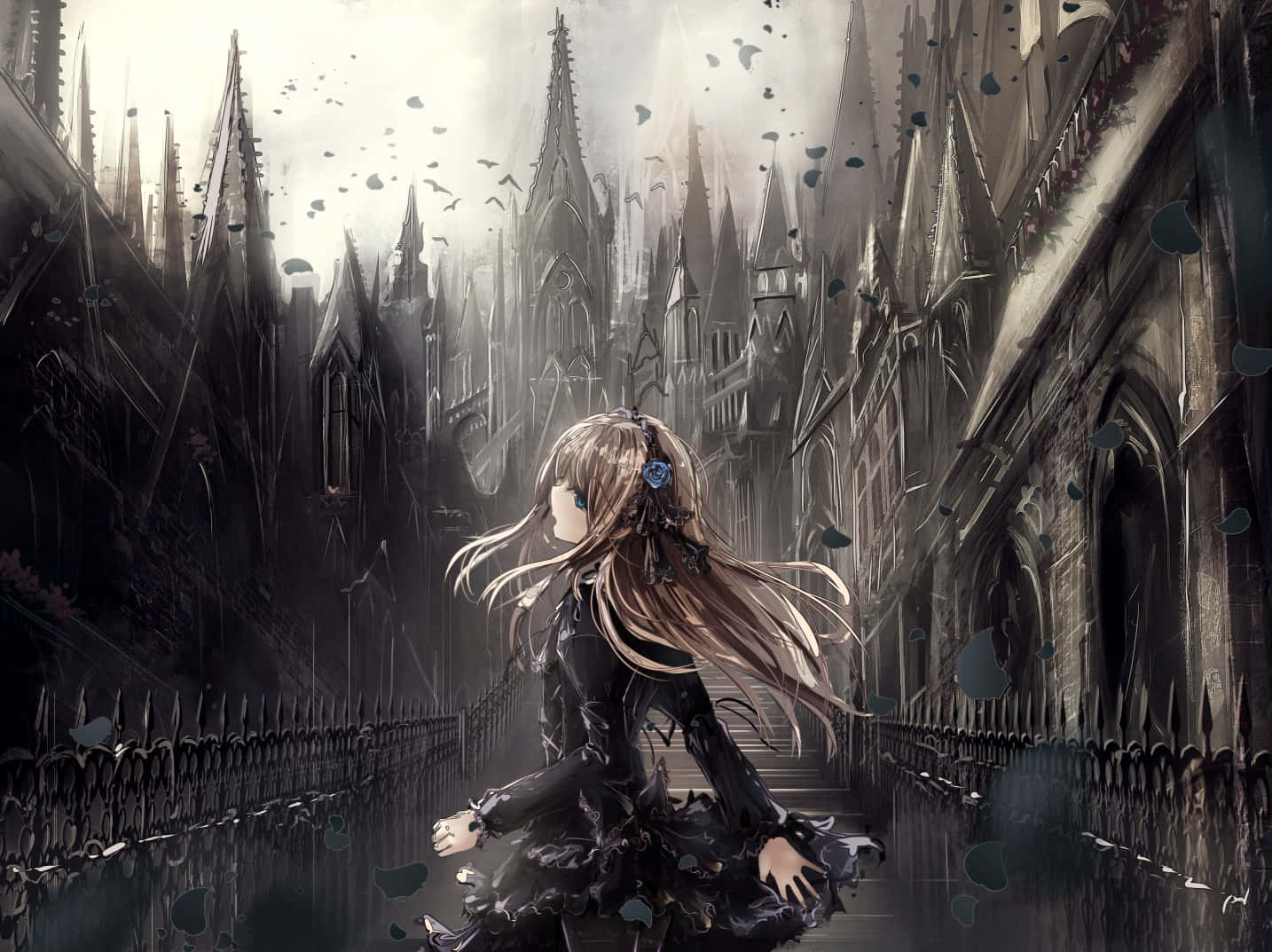 Girl Standing In Goth Anime Scene Background