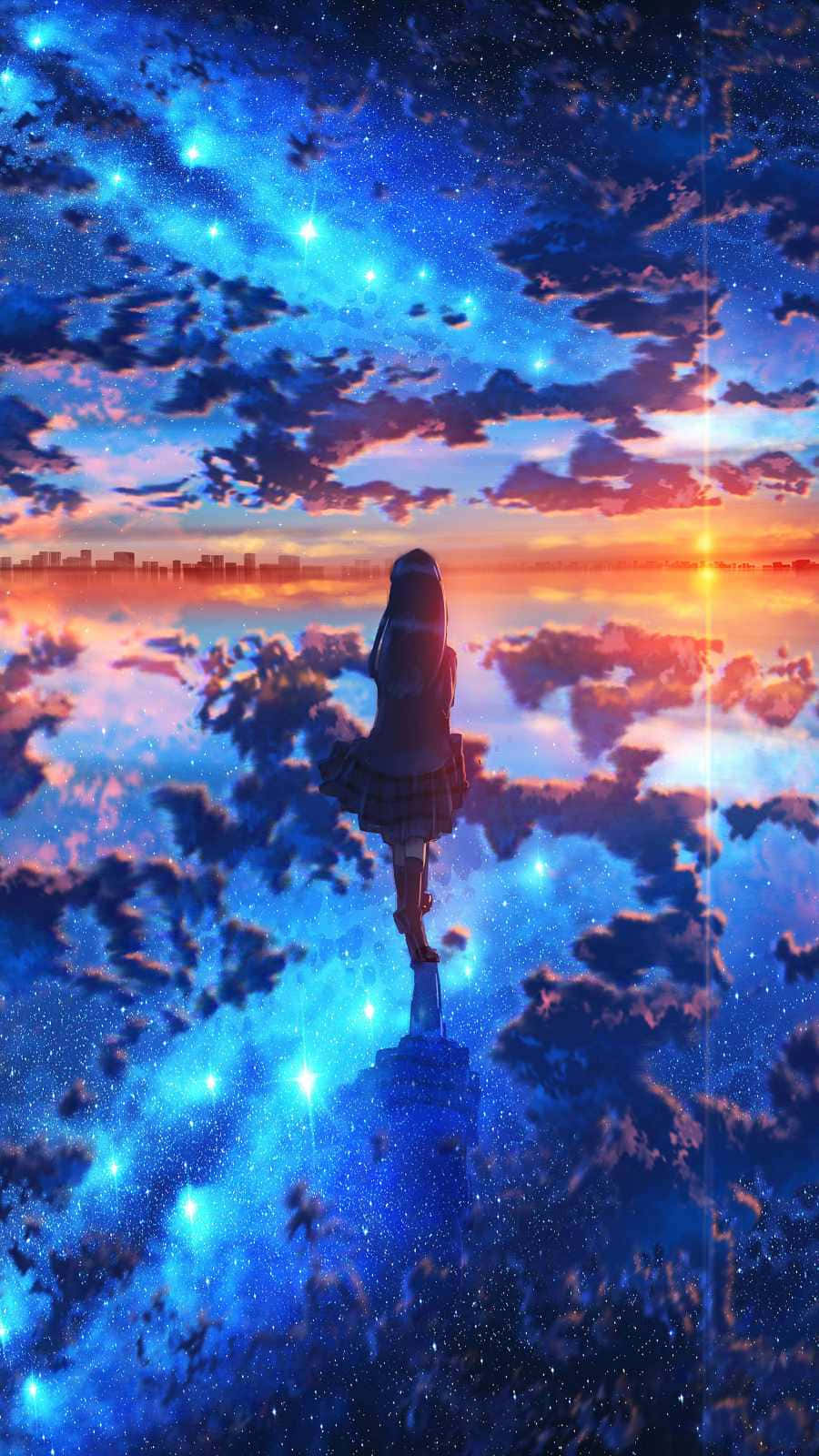 Girl Standing On Shore Night Anime Background