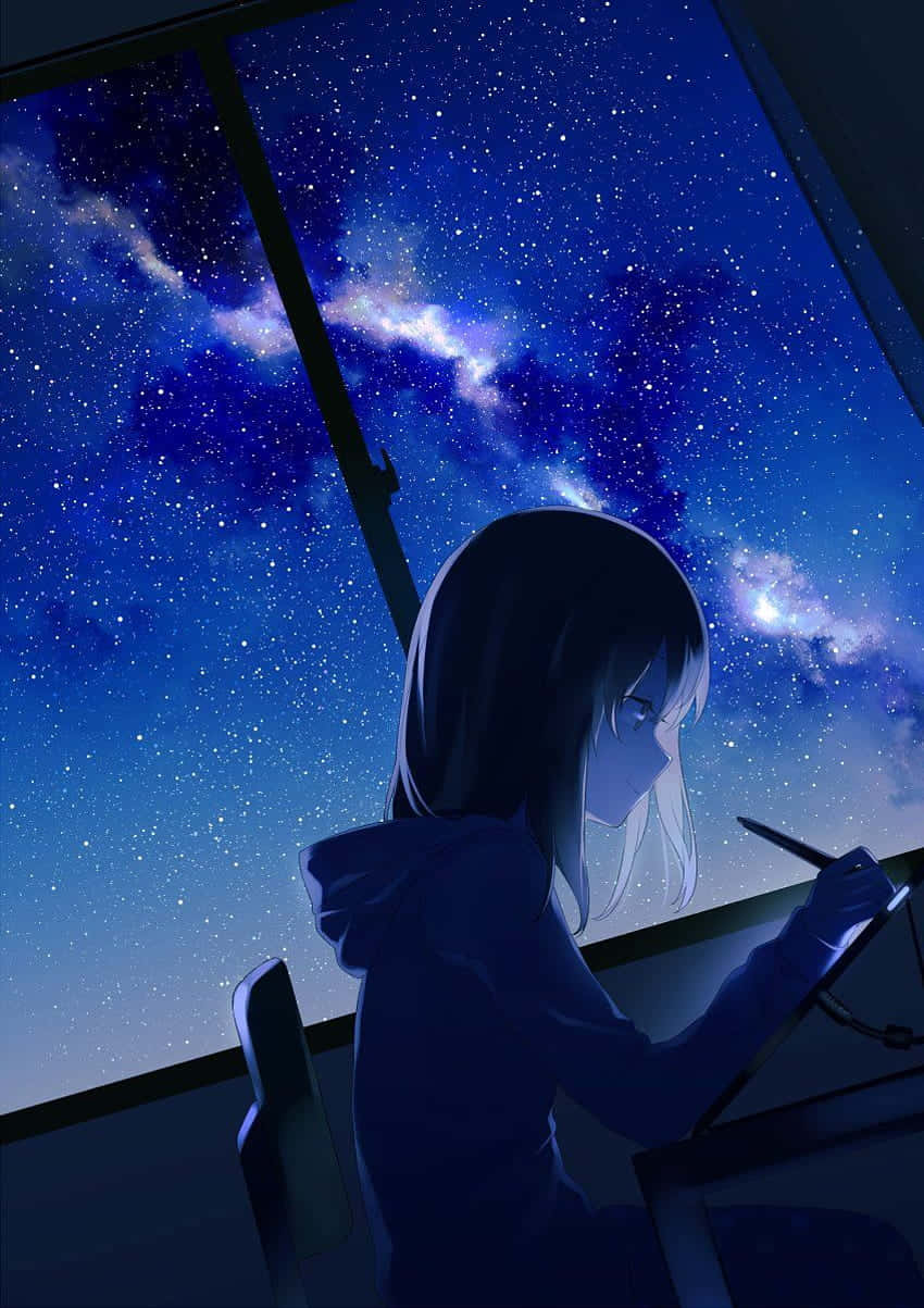Girl Studies Beside Window Night Anime