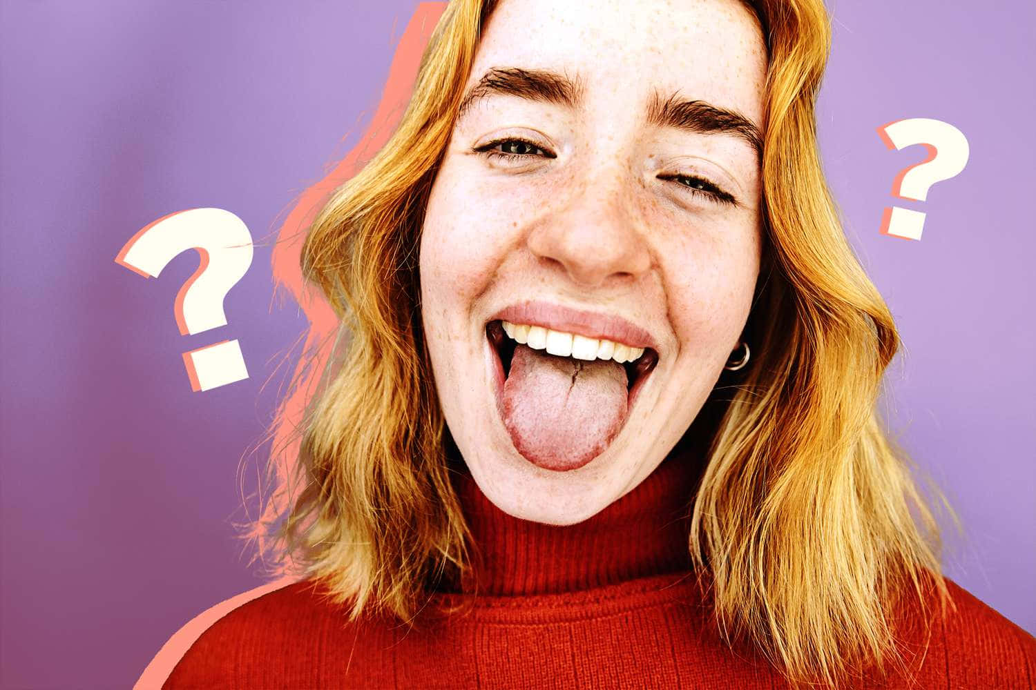 Girl Tongue Out Question Marks Background