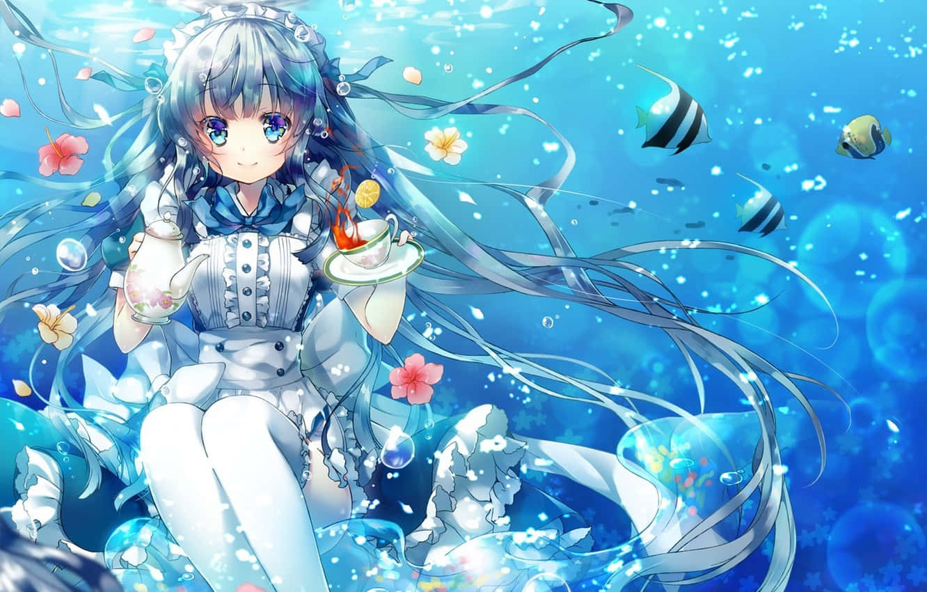 Girl Under Ocean With Fish And Bubble Anime Background
