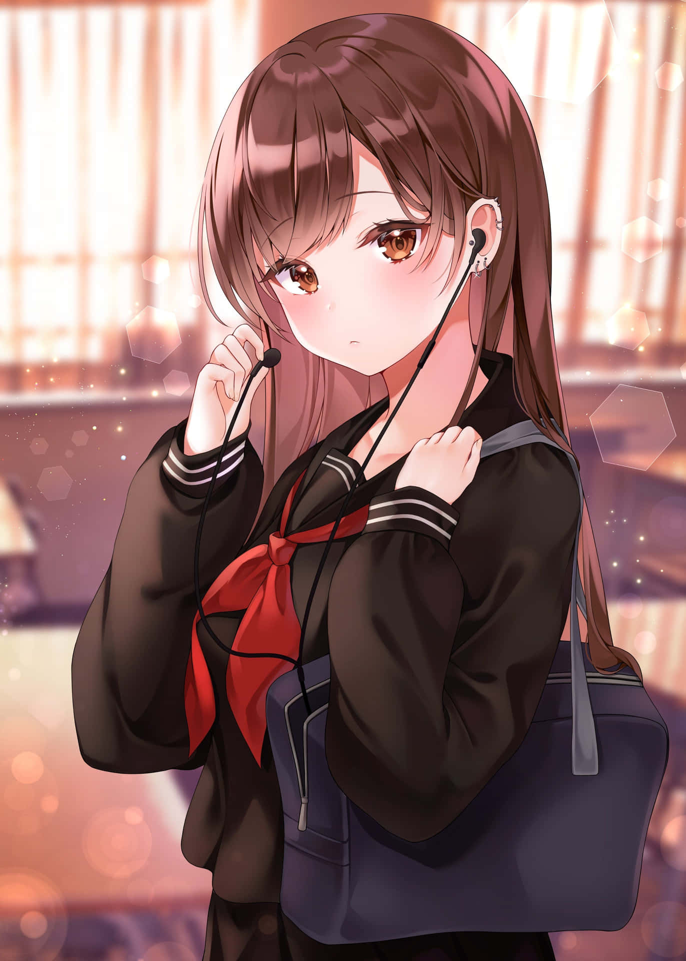 Girl Uniform Wearing Earphones Background