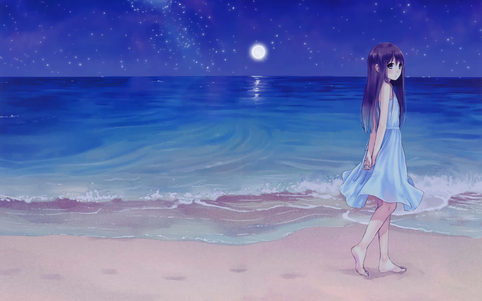 Girl Walking Along The Beach Night Anime Scenery Background