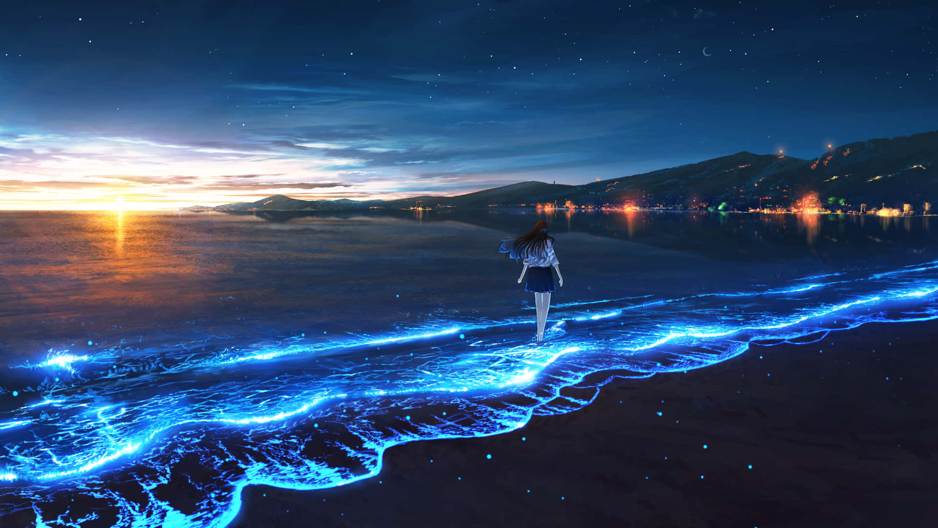 Girl Walking With Bioluminescence Under Evening Sky Background