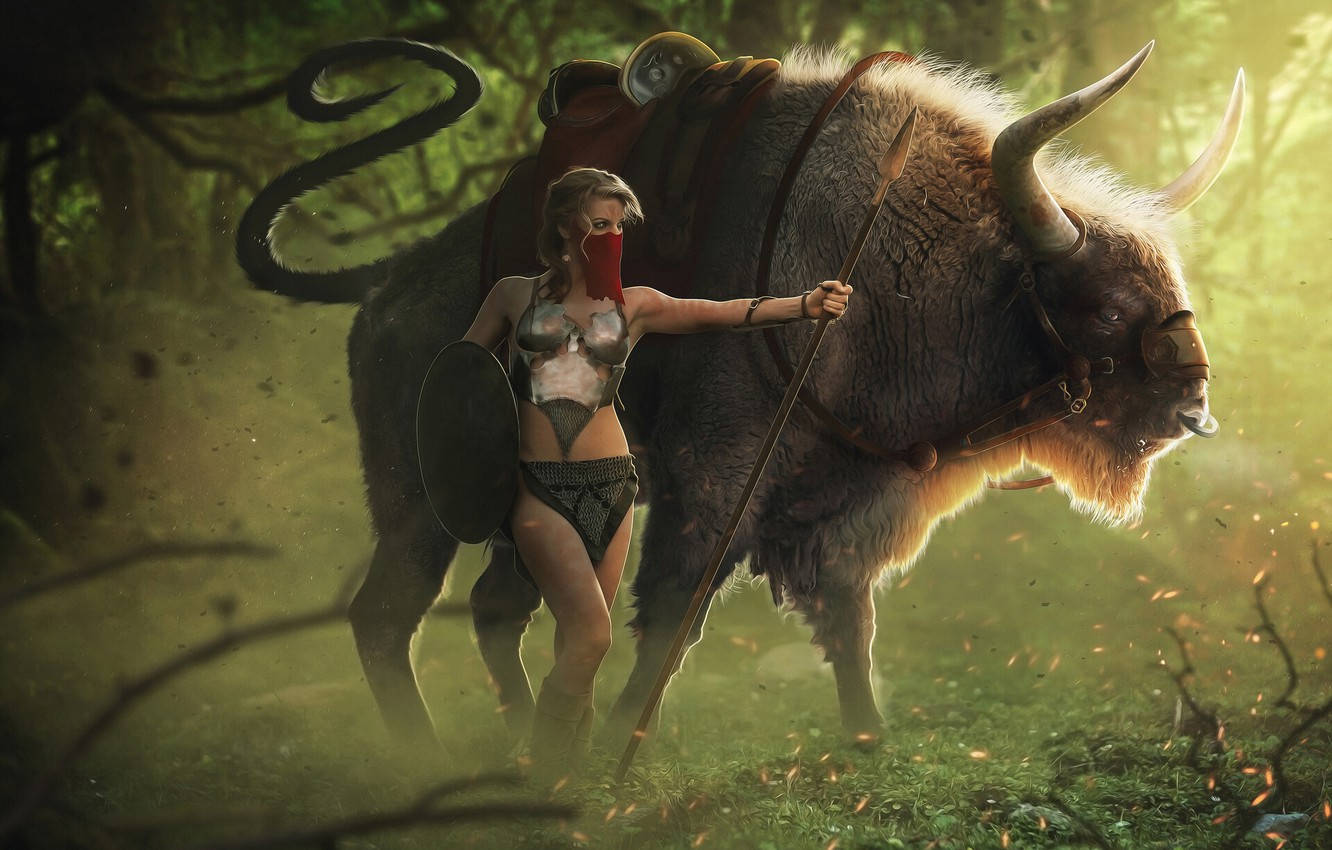 Girl Warrior With Buffalo Background