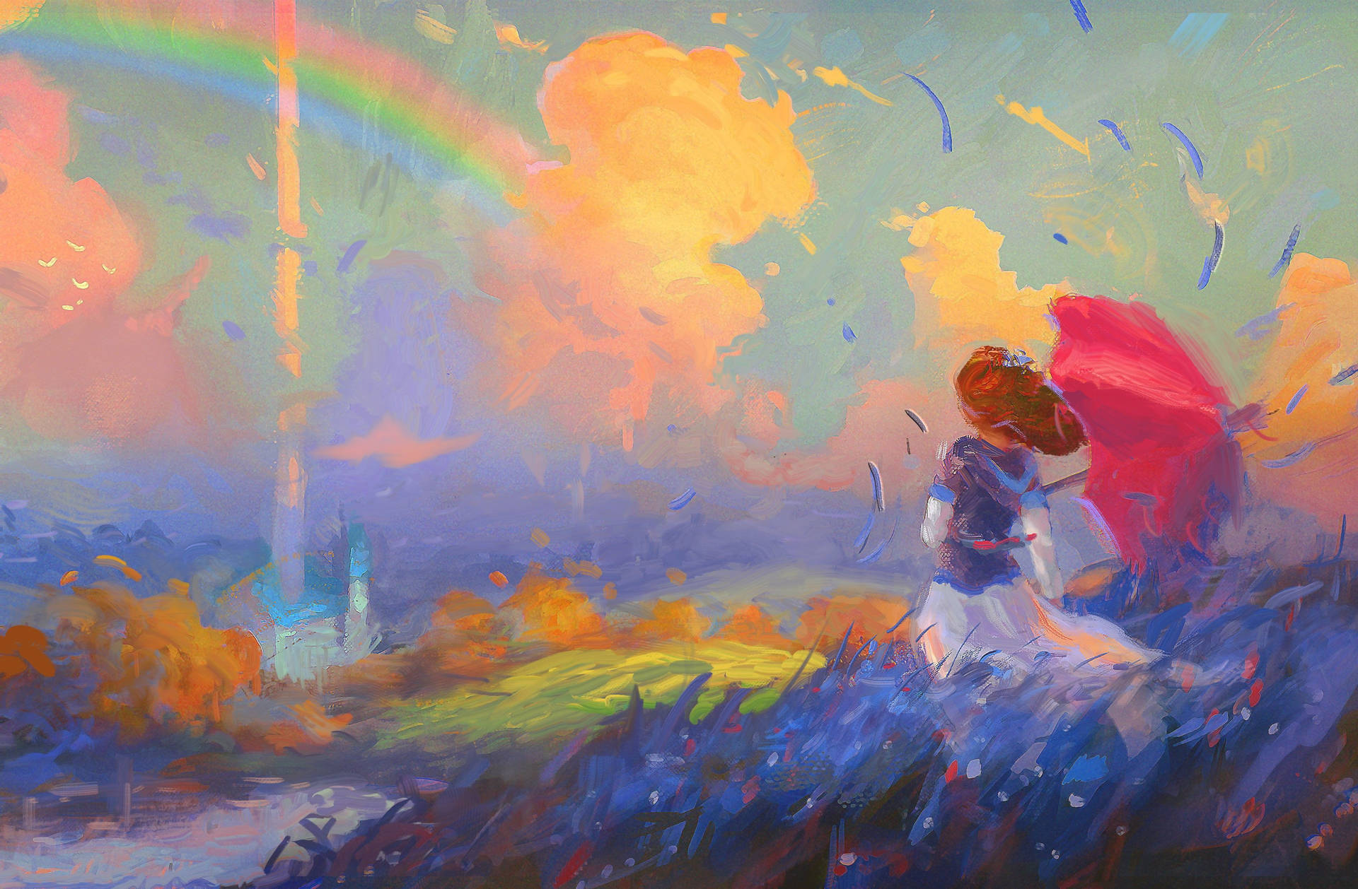 Girl Watching Rainbow Painting Desktop Background