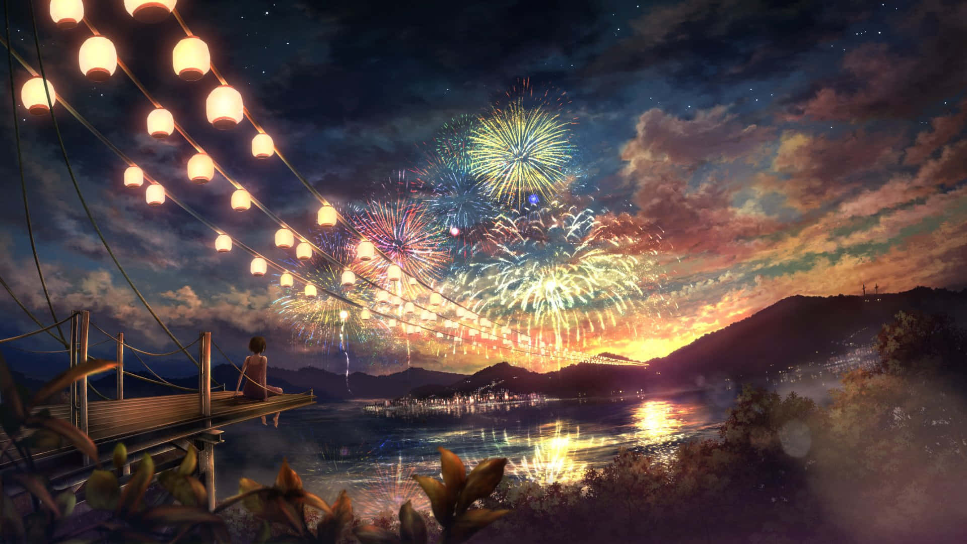 Girl Watching The Fireworks Display Painting Background