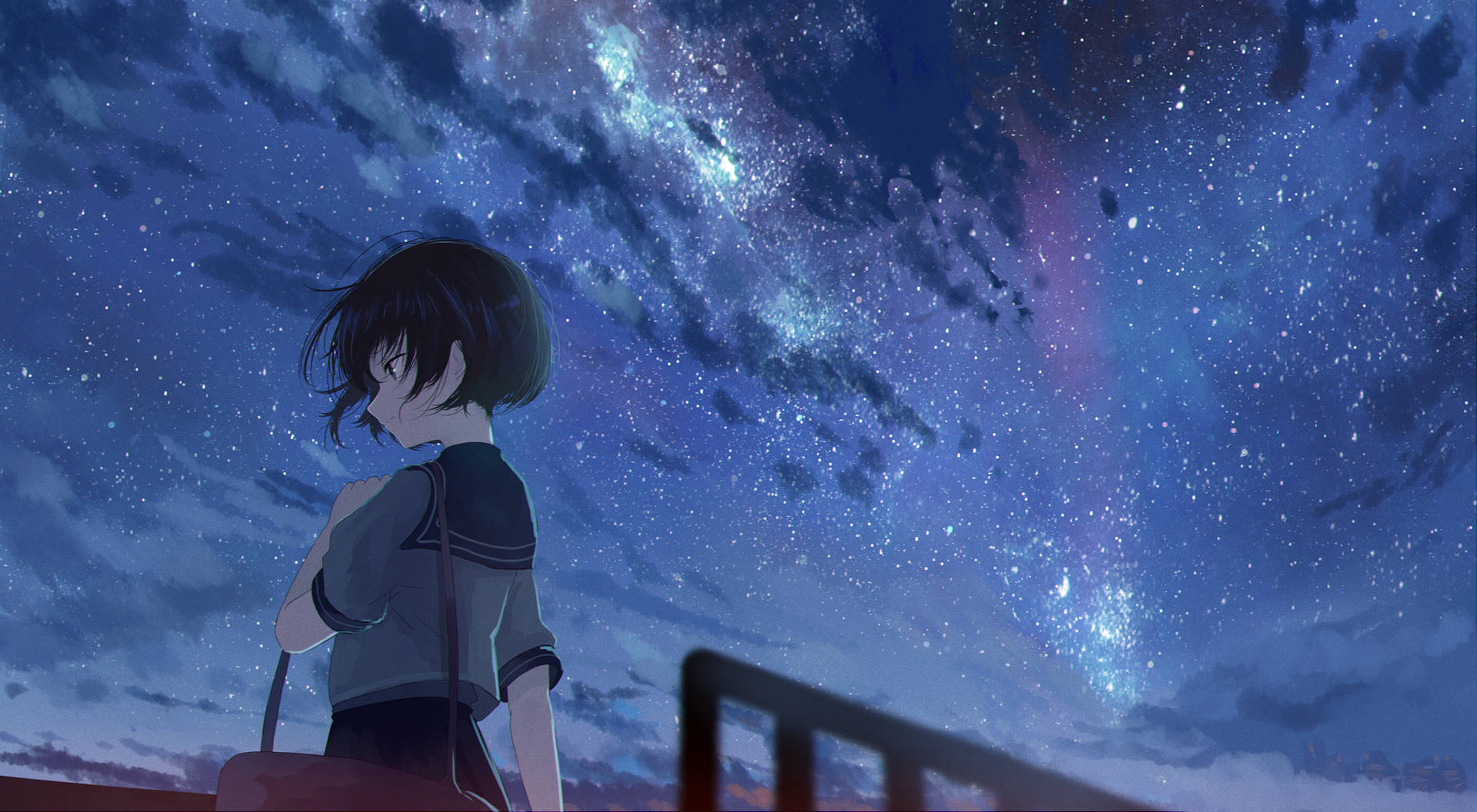 Girl With Bag Anime Night Sky Background