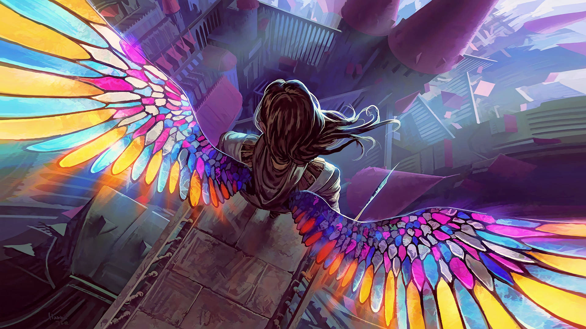 Girl With Colorful Wings Background