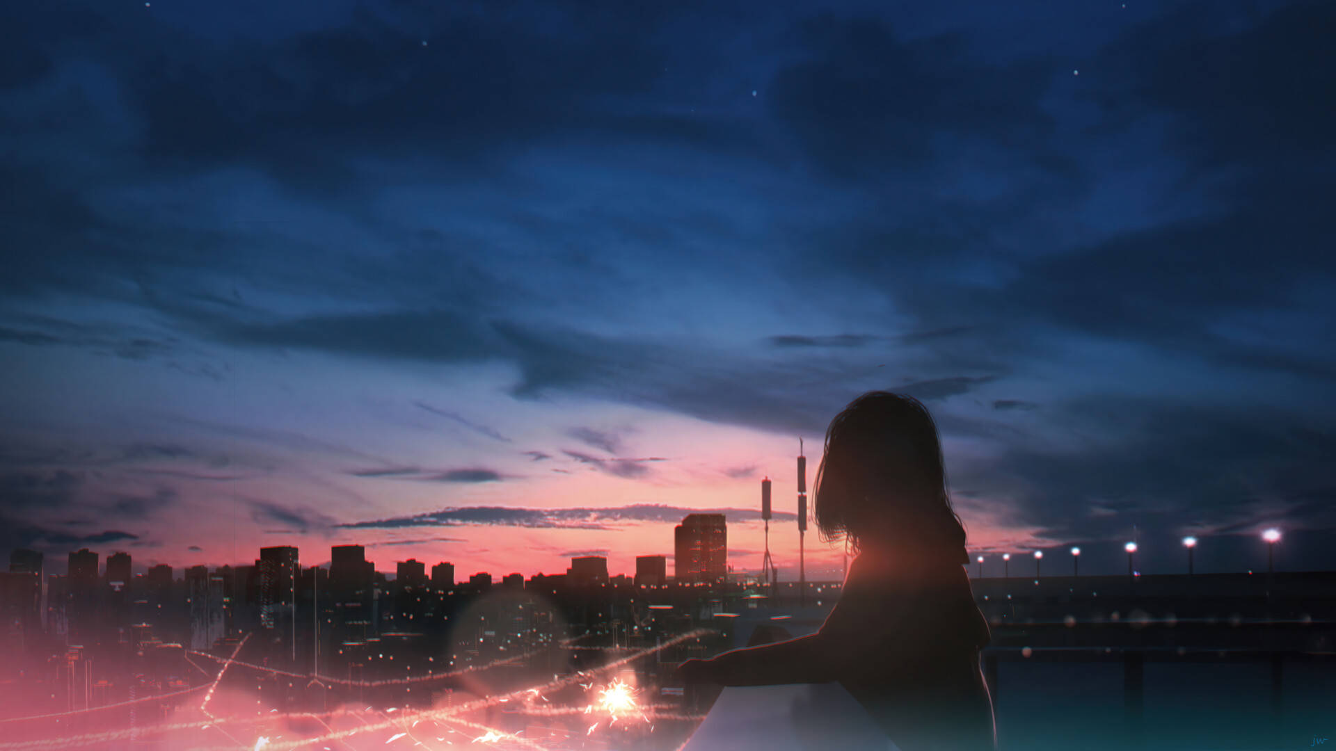 Girl With Fireworks Anime Aesthetic Sunset Background