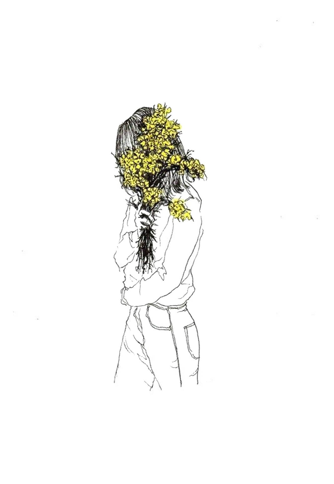 Girl With Flowers Sad Drawing Background