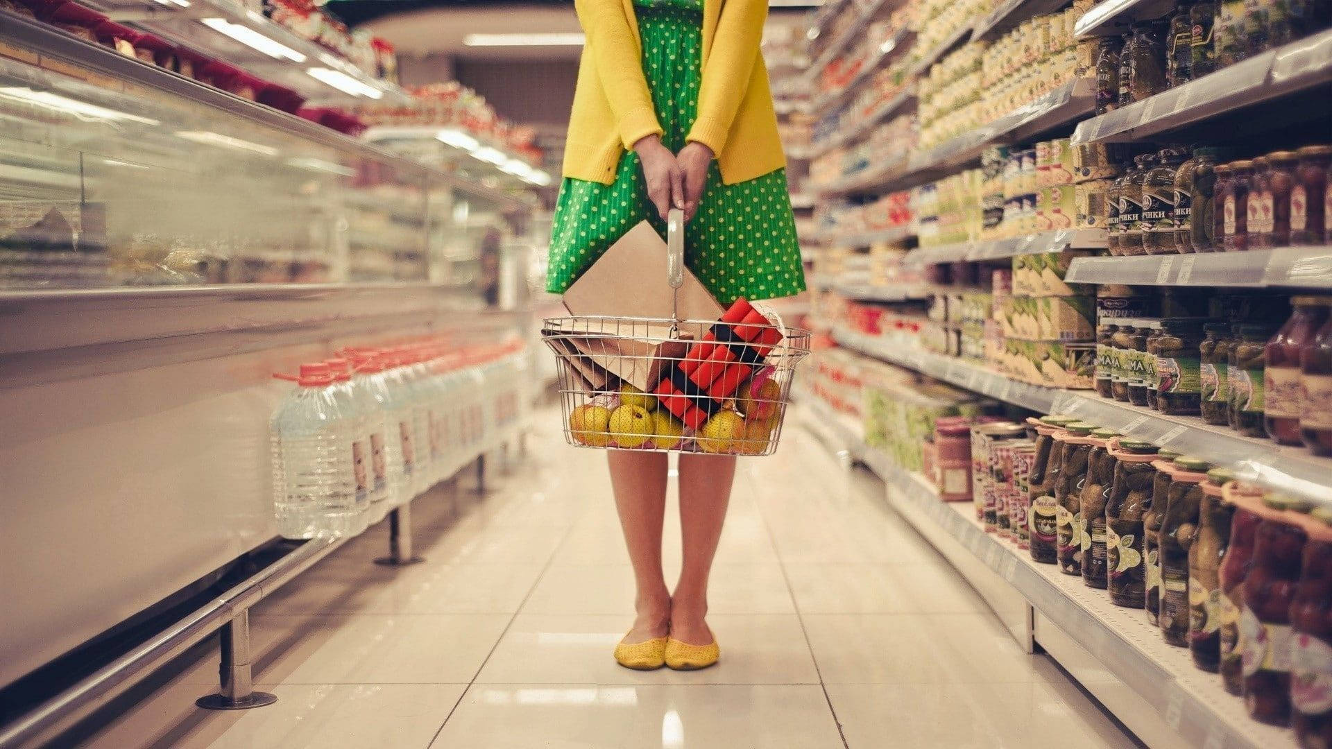 Girl With Grocery Store Basket Background