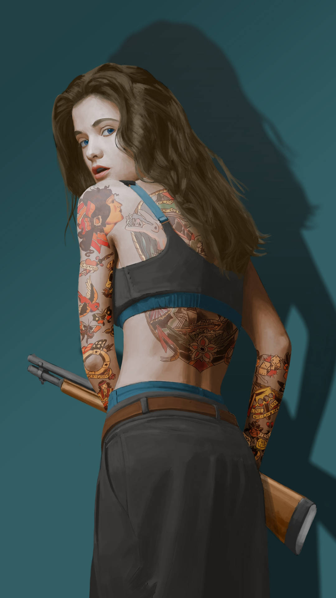 Girl With Hd Tattoo And Gun