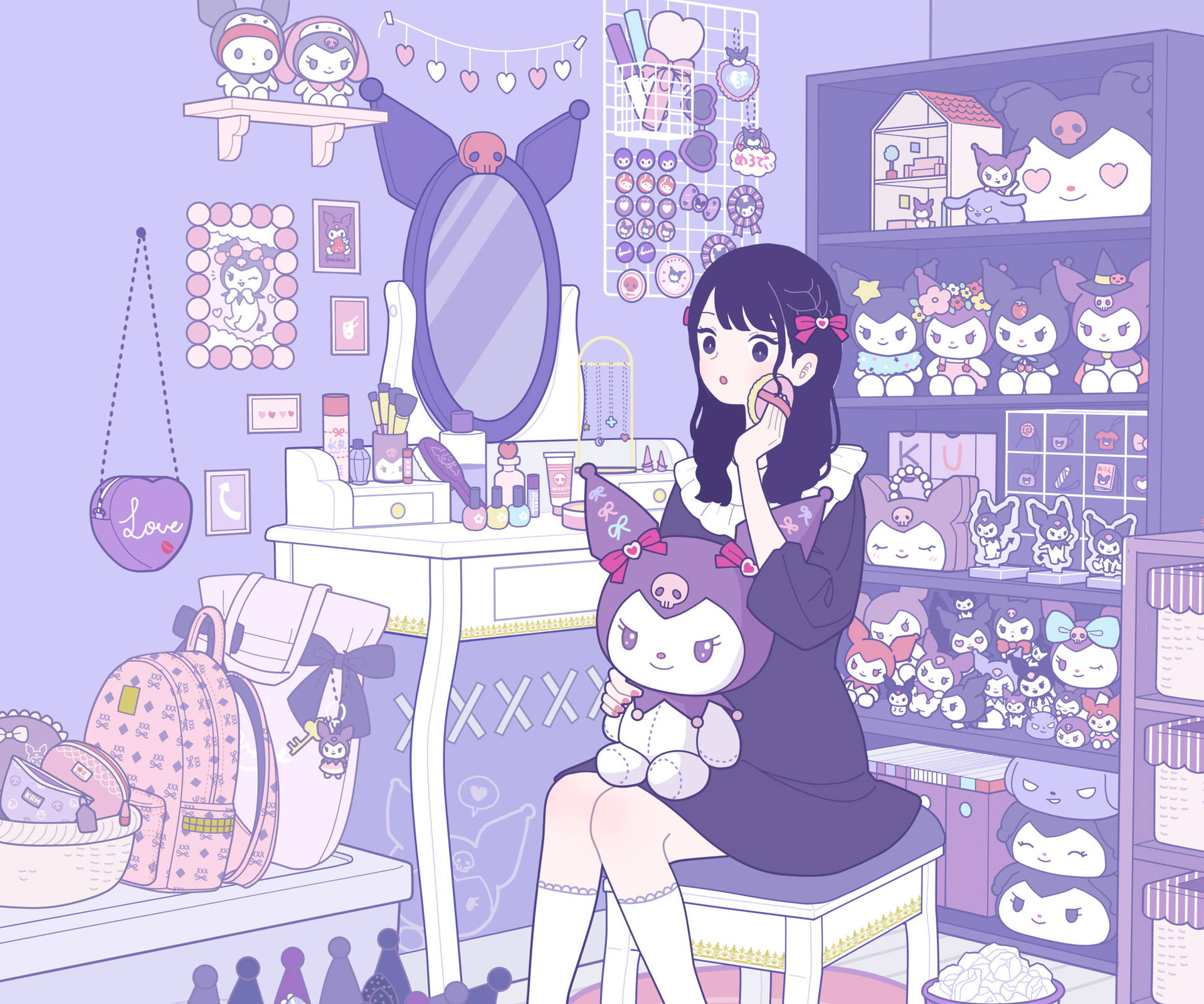 Girl With My Melody Kuromi Stuffed Toys Background