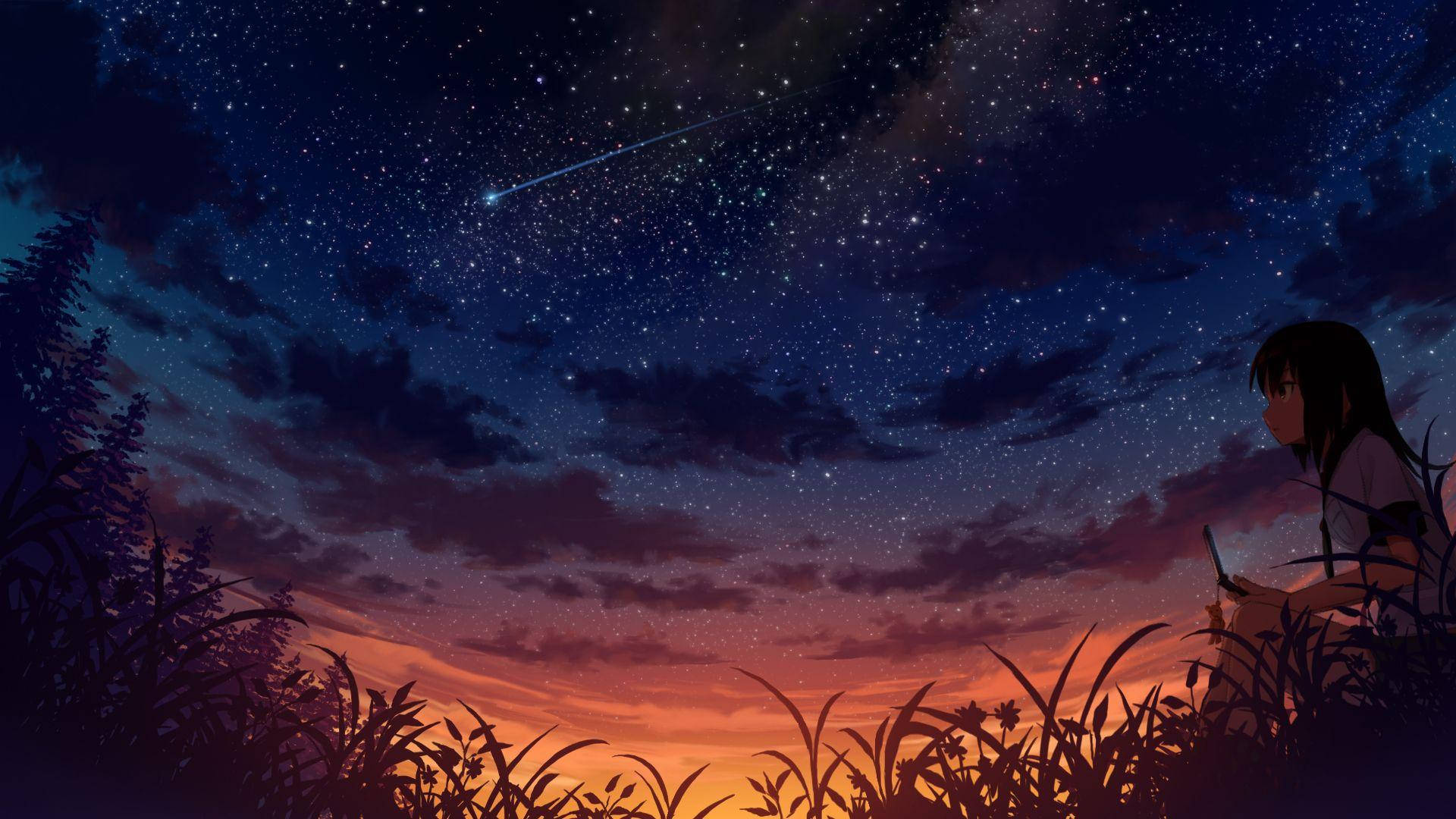 Girl With Phone Anime Night Sky