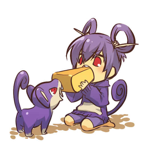 Girl With Purple Hair And Clothes Eating Cheese With Pokemon Rattata