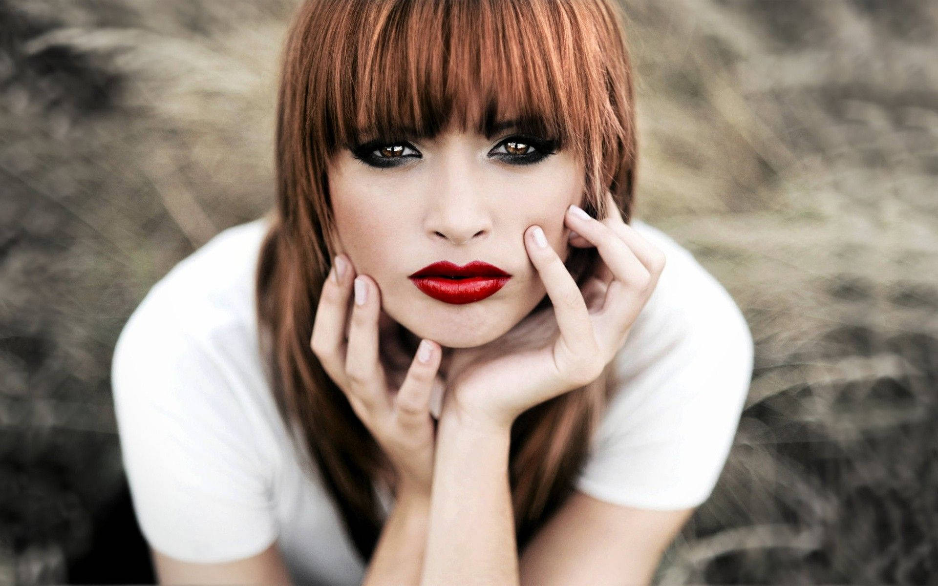 Girl With Red Lips And Fringe Hair Background