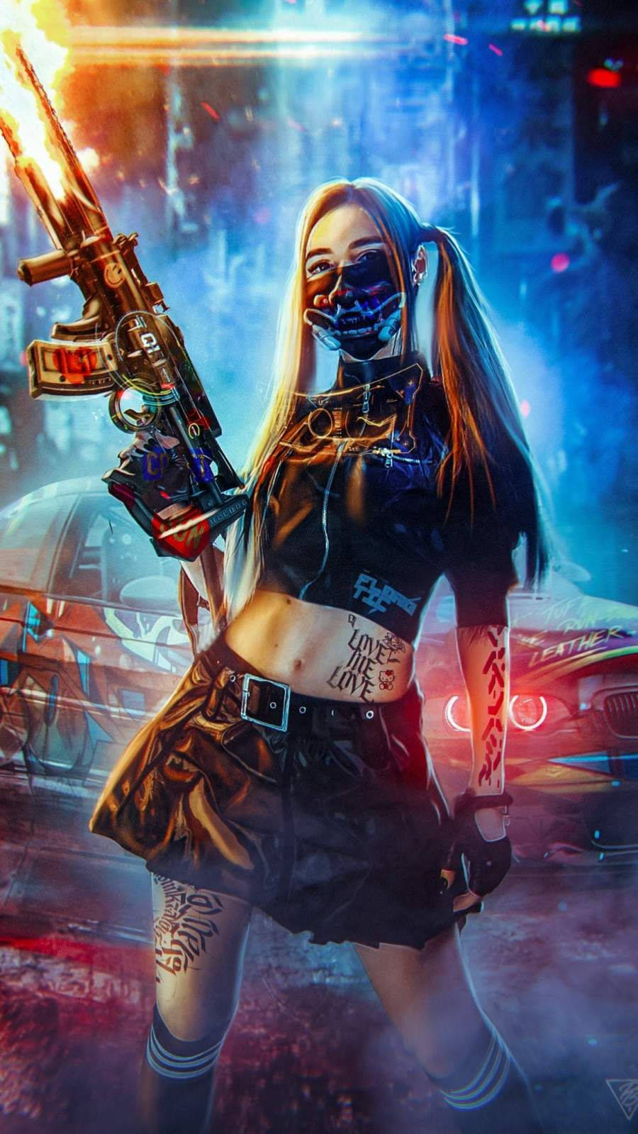 Girl With Tattoo Cyberpunk Iphone X Background