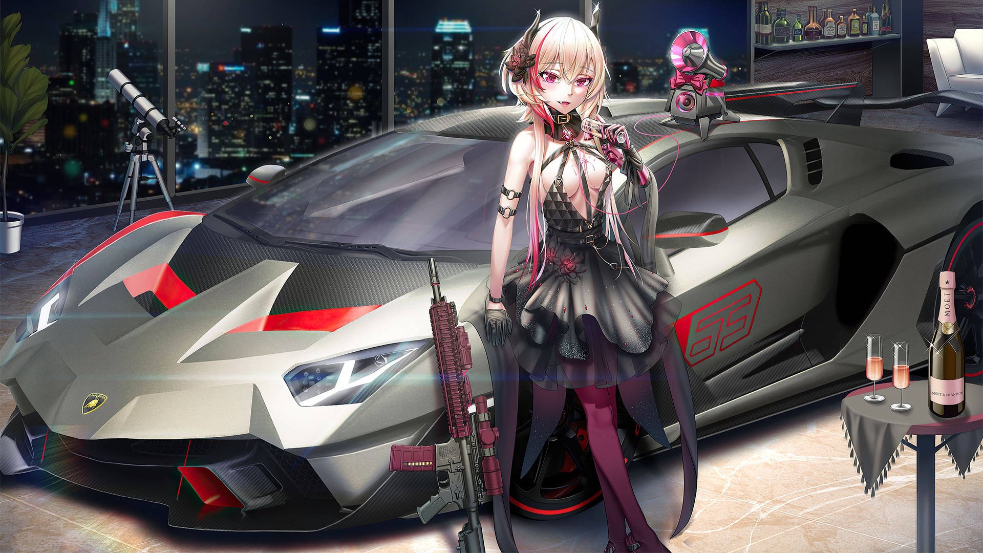 Girl With Weapons Next To A Car Anime Background