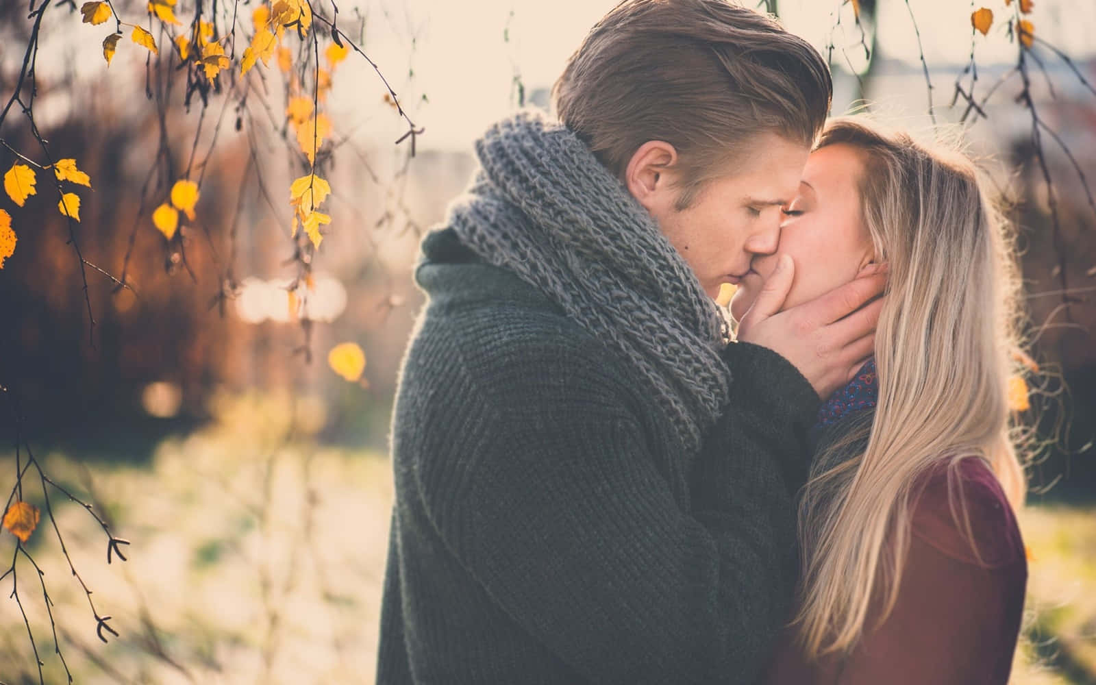 Girlfriend And Boyfriend Kissing Under The Tree Background