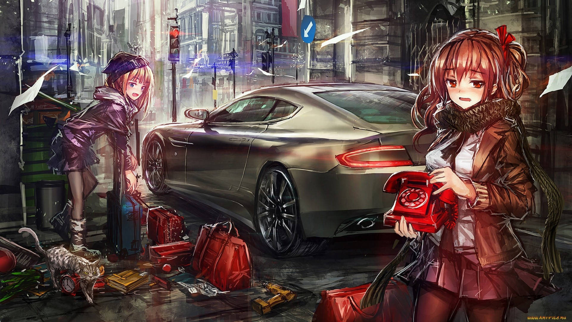 Girls And An Aston Martin Car Anime Background