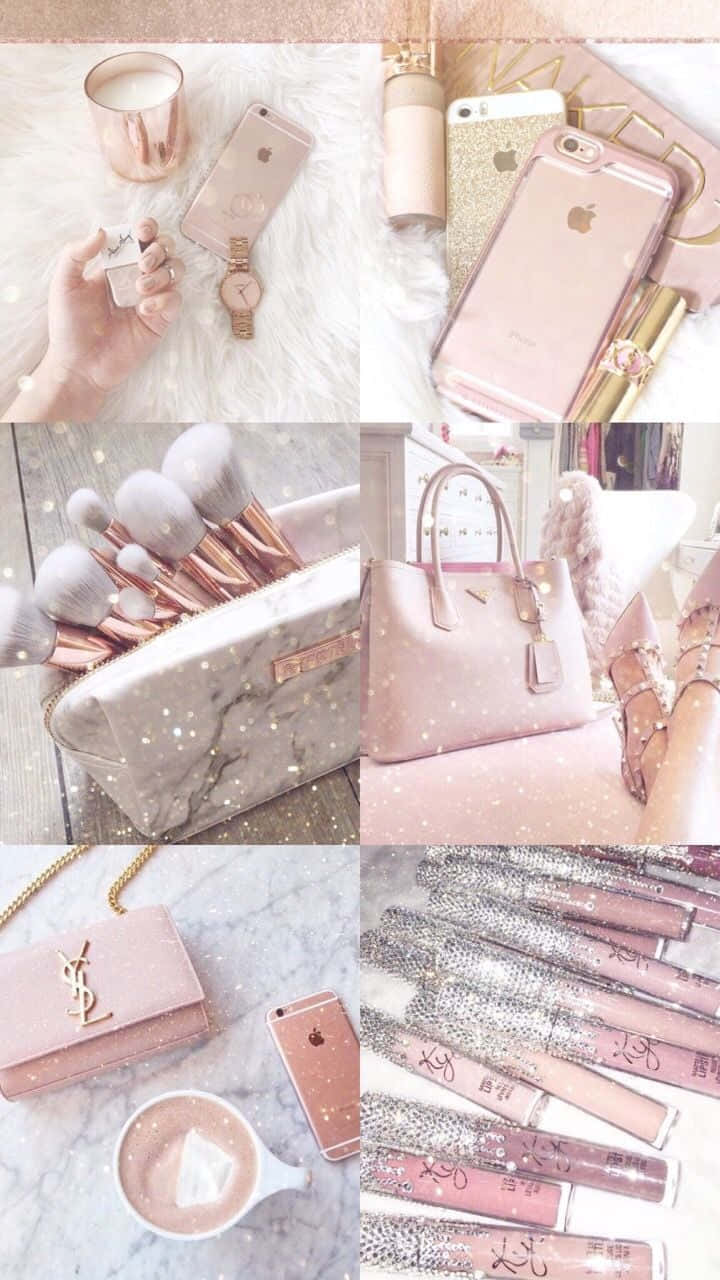 Girly Aesthetic Pink Collage Gadgets And Bags Background