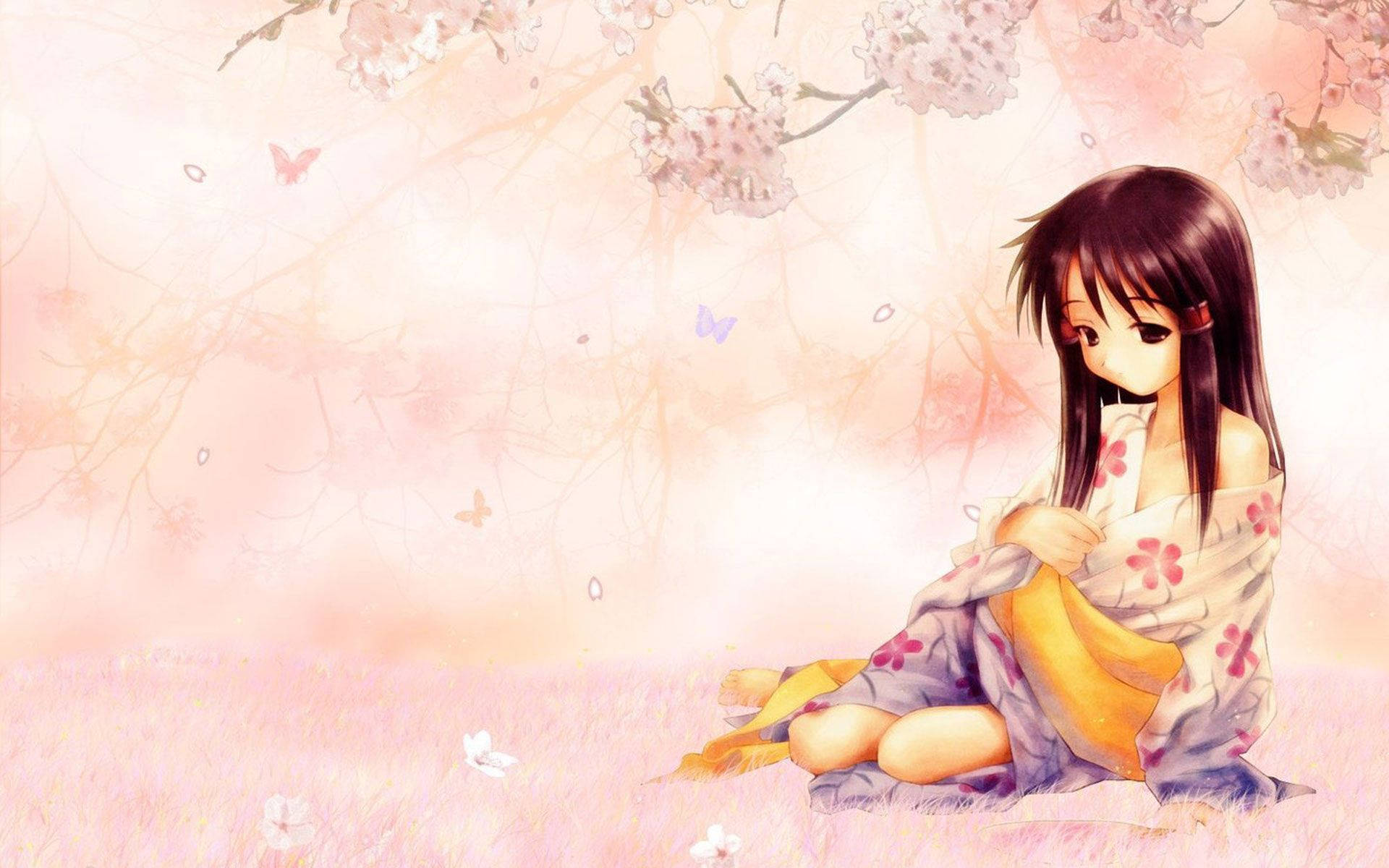 Girly Cartoon In Cherry Blossom Tree Background