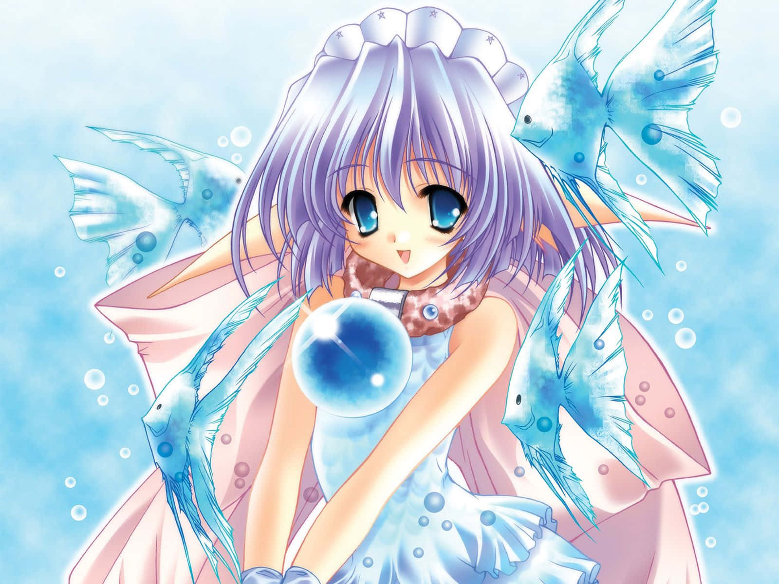 Girly Cute Anime With Blue Fish Background