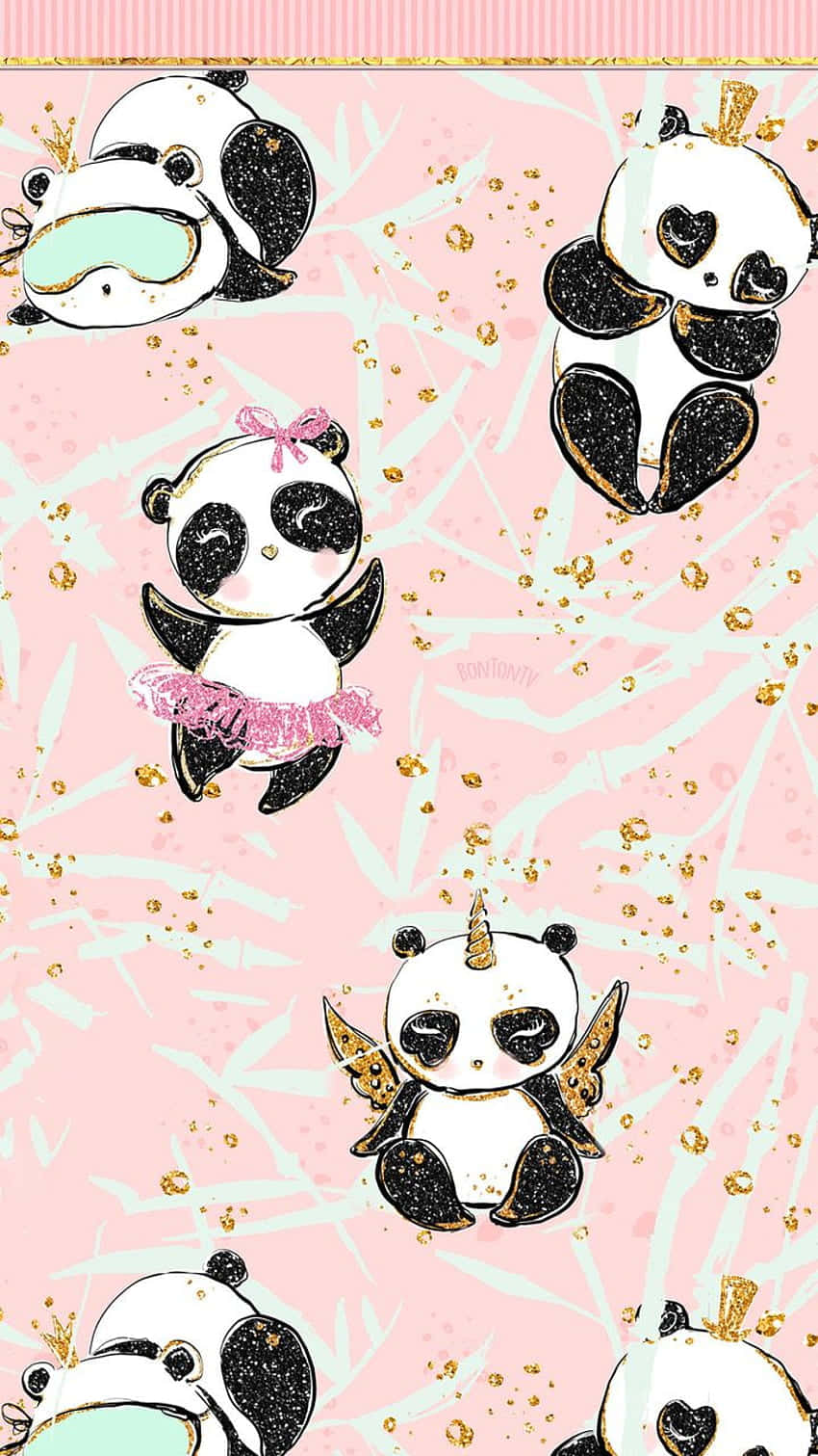 Girly Cute Panda Pastel Gold Background