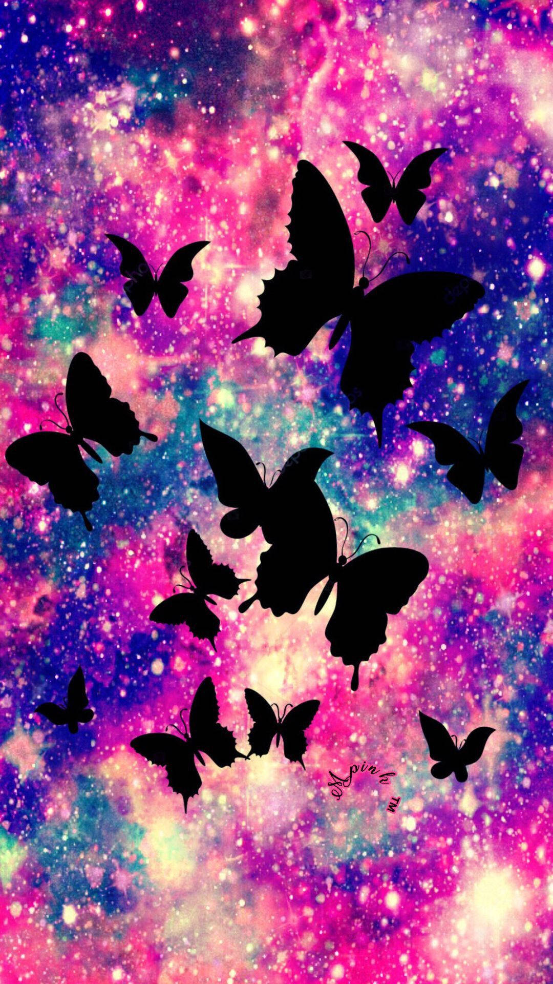 Girly Galaxy With Butterfly Silhouettes Background