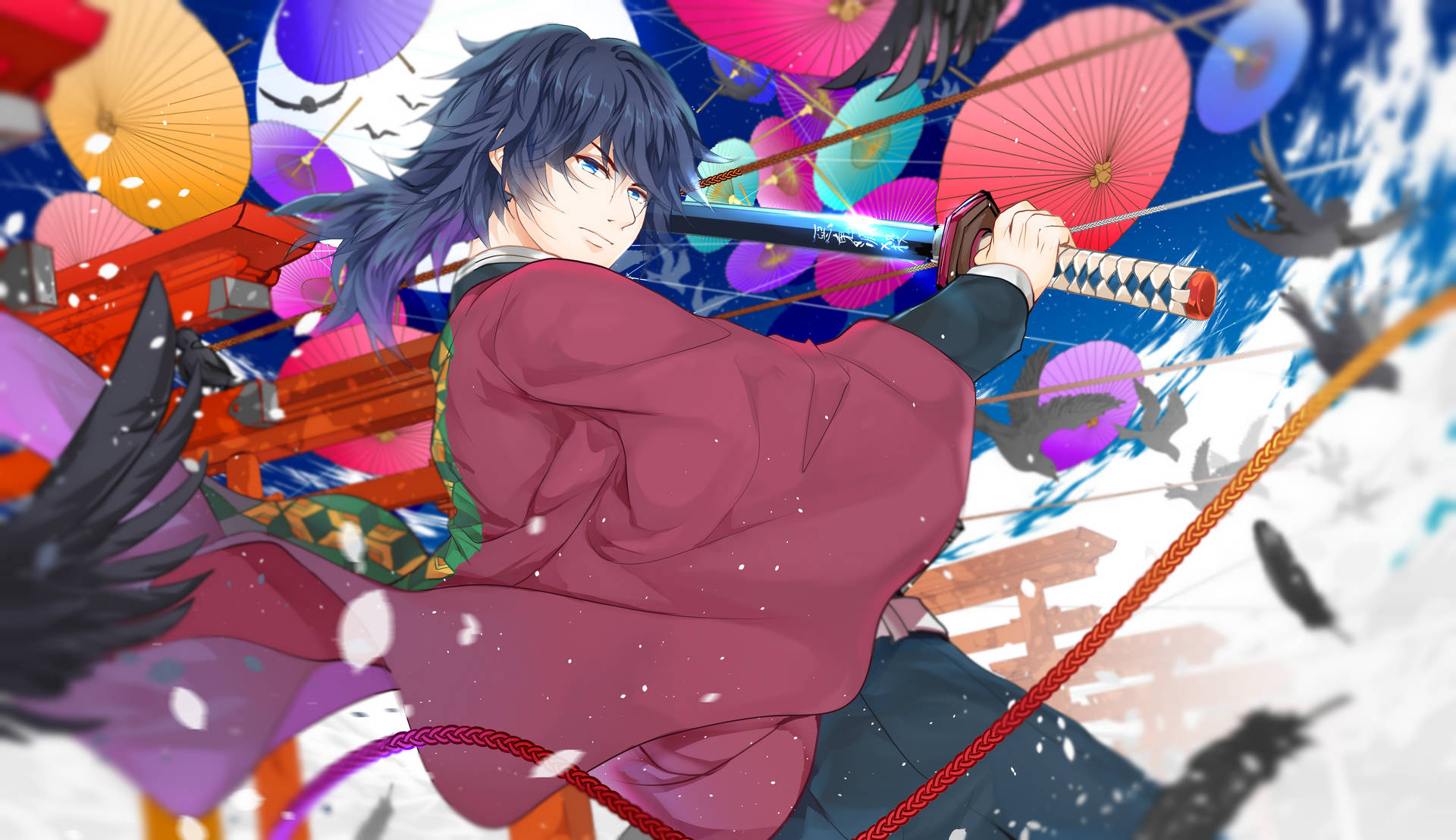 Giyu Tomioka Colorful Umbrellas Background