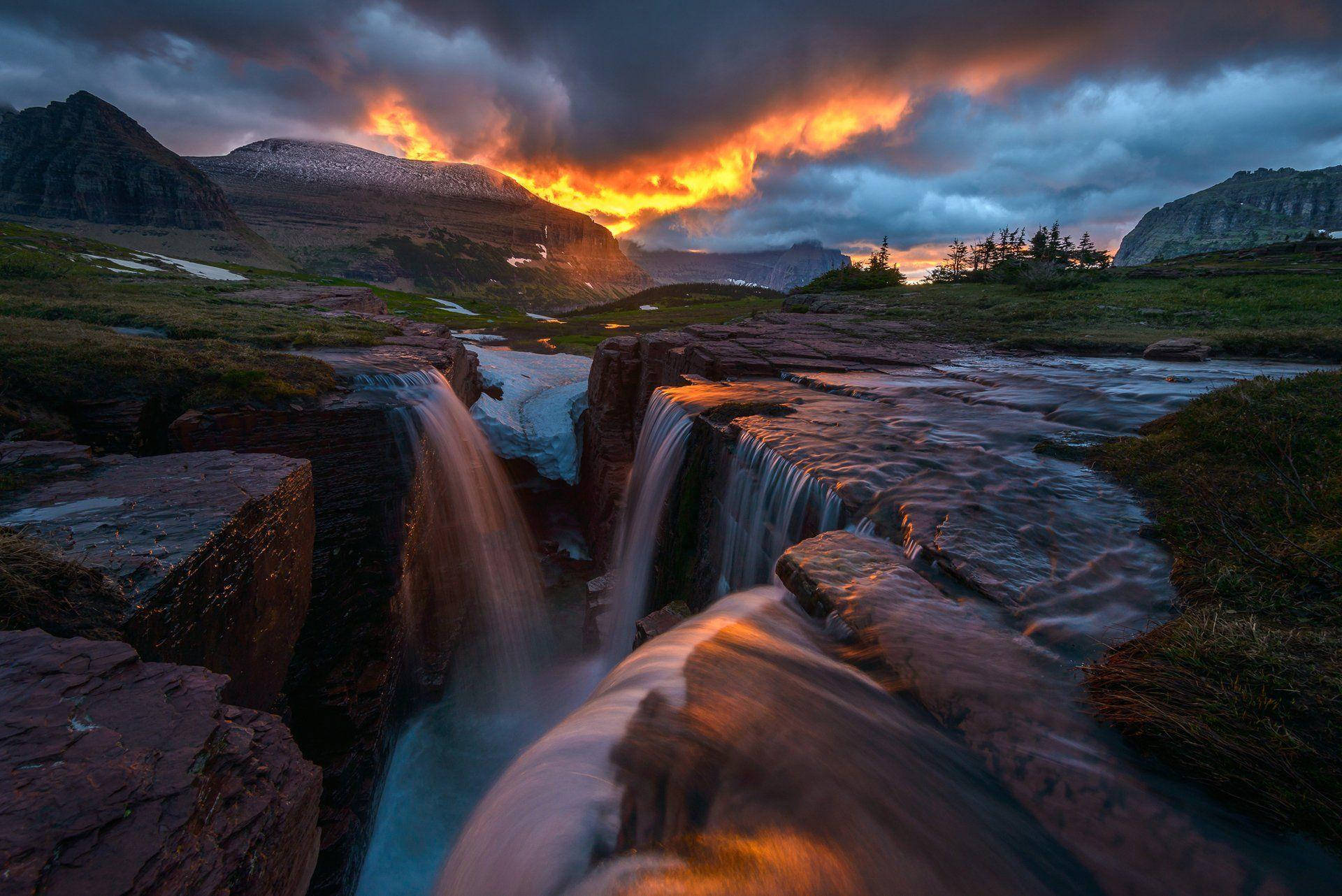 Glacier National Park Waterfall Sunset Background