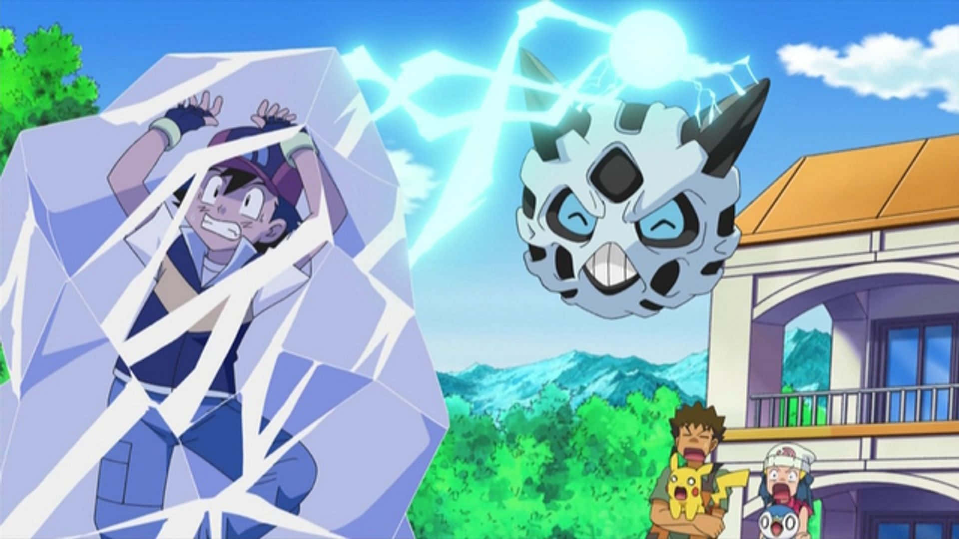 Glalie Freezing Ash Ketchum In The Pokemon Anime Background