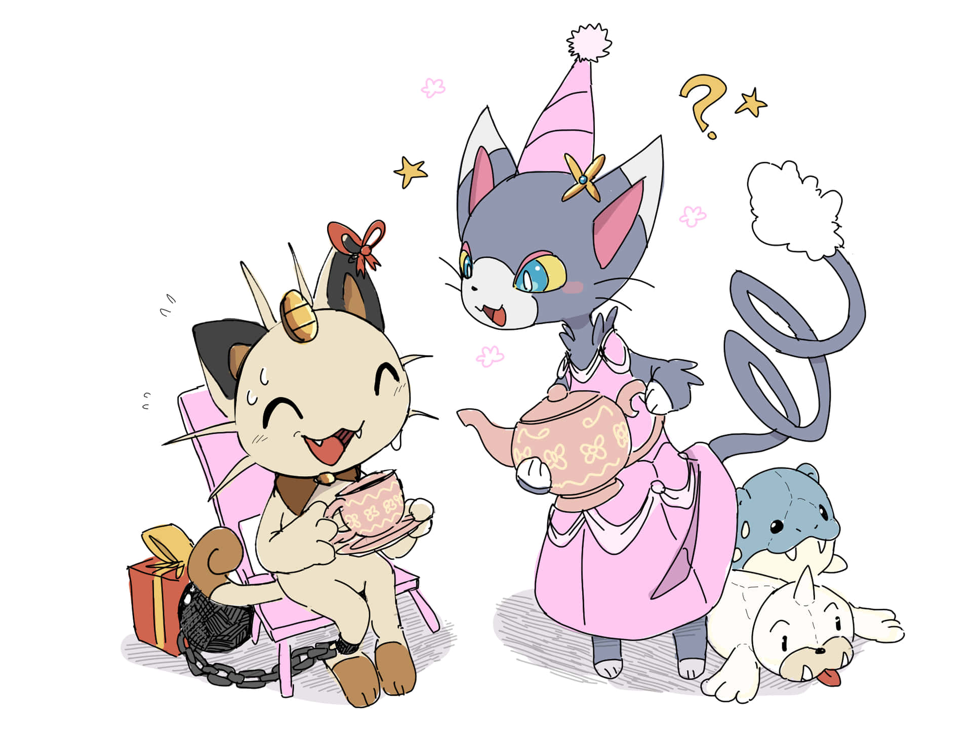 Glameow Meowth Serving Tea Background