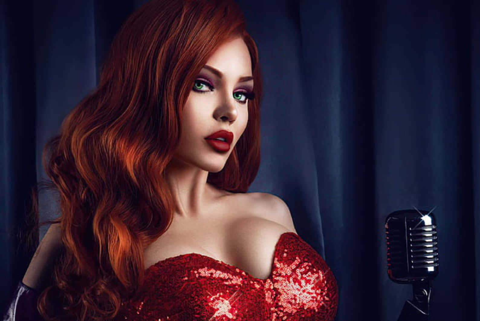 Glamorous Redhead Singer Vintage Microphone Background