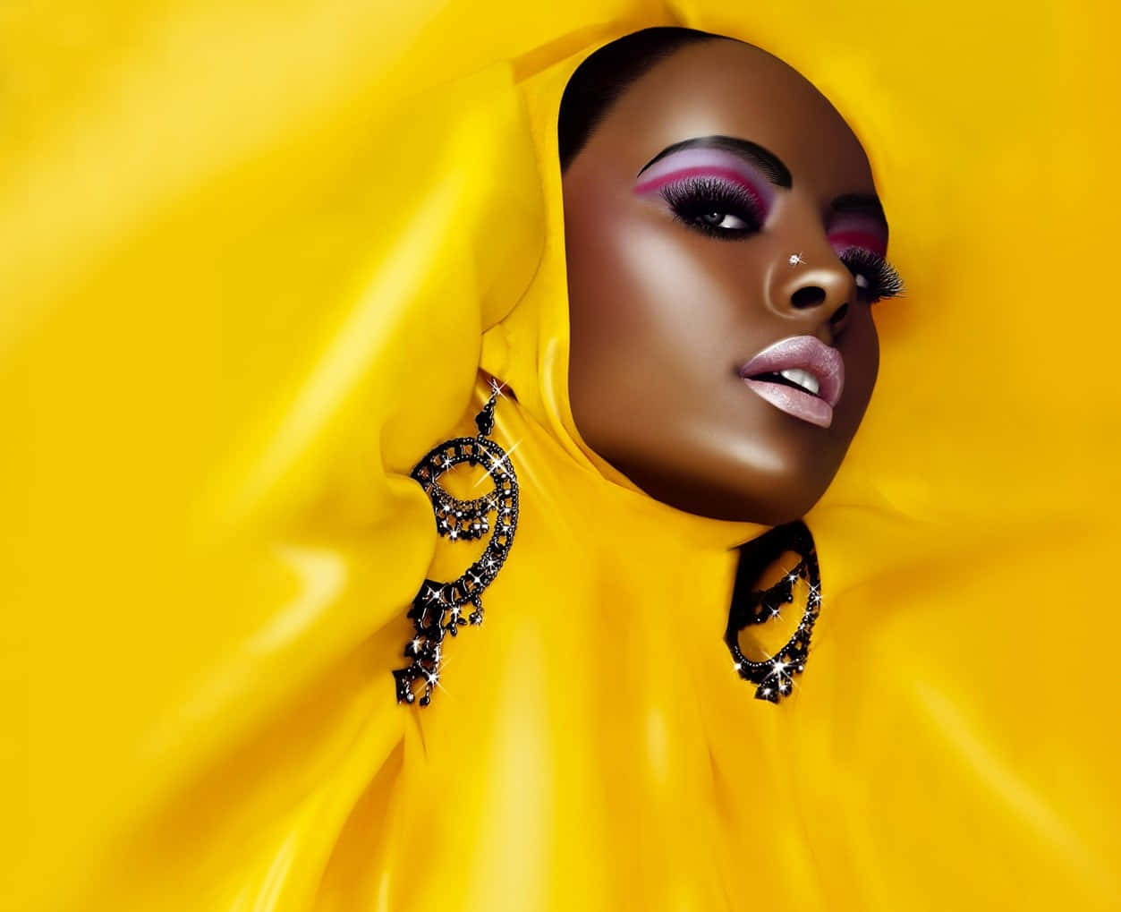 Glamorous Young Black Woman Model In Yellow Background